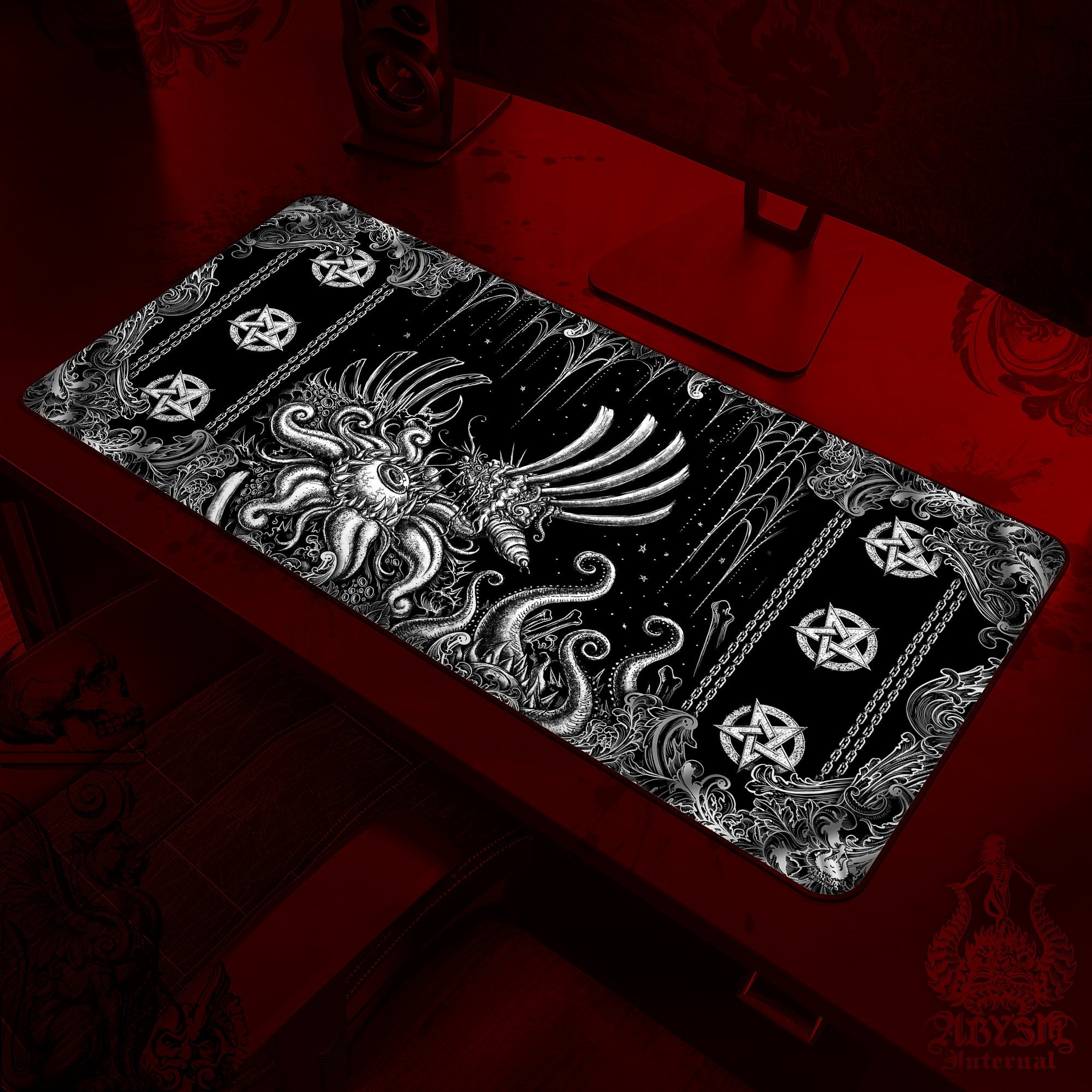 Horror Gaming Mouse Pad, Goth Hell Desk Mat, Gothic Table Protector Cover, Gore and Blood Workpad, Dark Fantasy Art Print – Pentagrams, Bloodfly