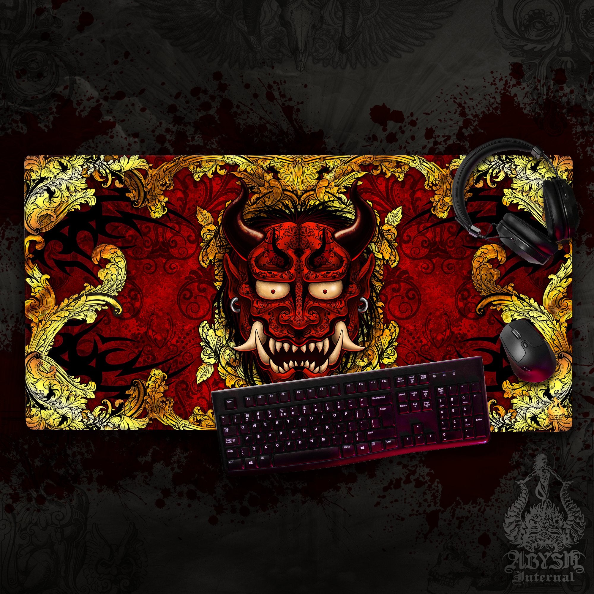 Japanese Demon Desk Mat, Gold Oni Gaming Mouse Pad, Gamer Table Protector Cover, Fantasy Workpad, Manga Yokai Art Print – 2 Colors