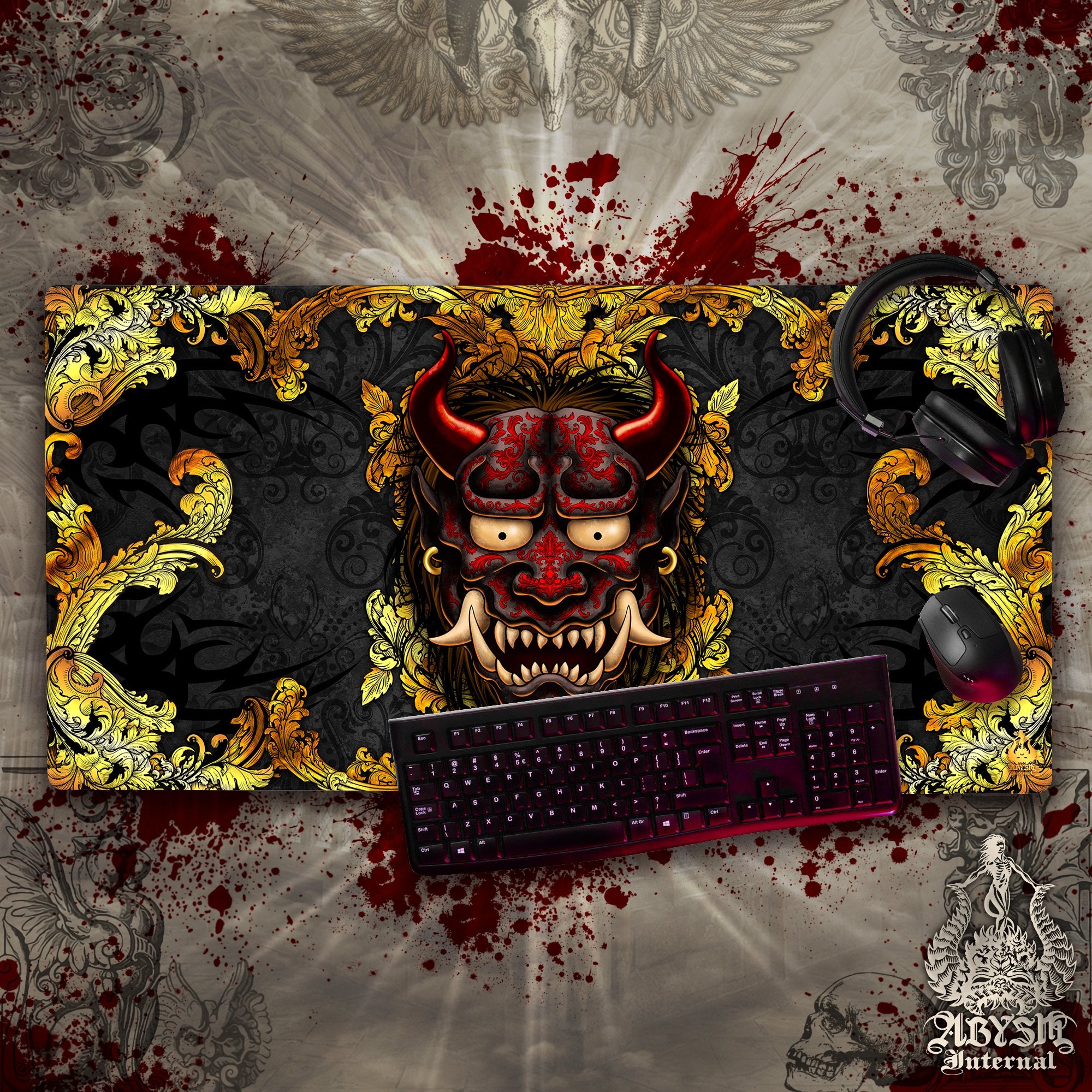 Japanese Demon Desk Mat, Gold Oni Gaming Mouse Pad, Gamer Table Protector Cover, Fantasy Workpad, Manga Yokai Art Print – 2 Colors Japanese Demon Desk Mat, Gold Oni Gaming Mouse Pad, Gamer Table Protector Cover, Fantasy Workpad, Manga Yokai Art Print – 2 Colors