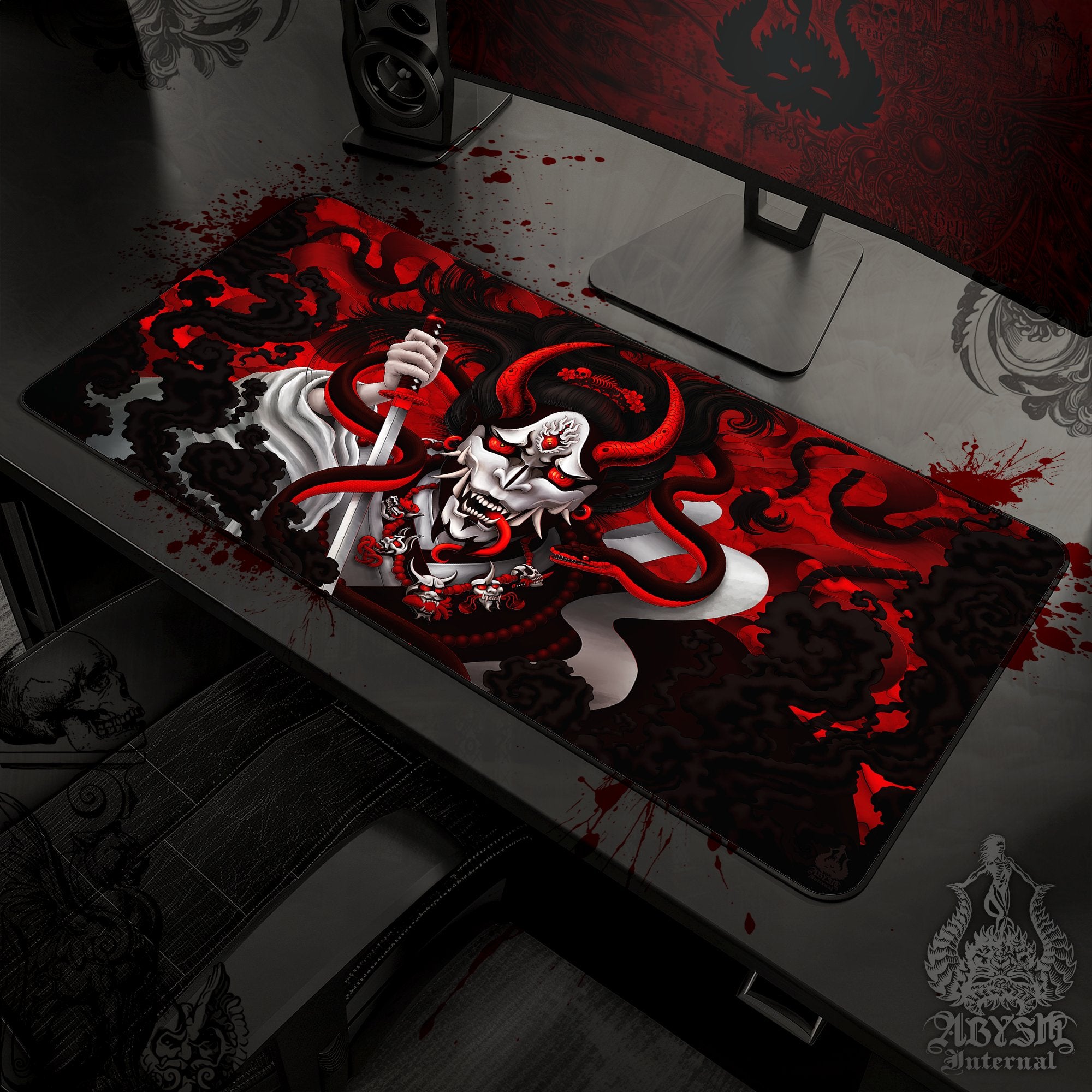 Japanese Demon Gaming Desk Mat, Hannya Mouse Pad, Youkai Table Protector Cover, Bloody White Goth Workpad, Fantasy Anime and Manga Art Print – Snake