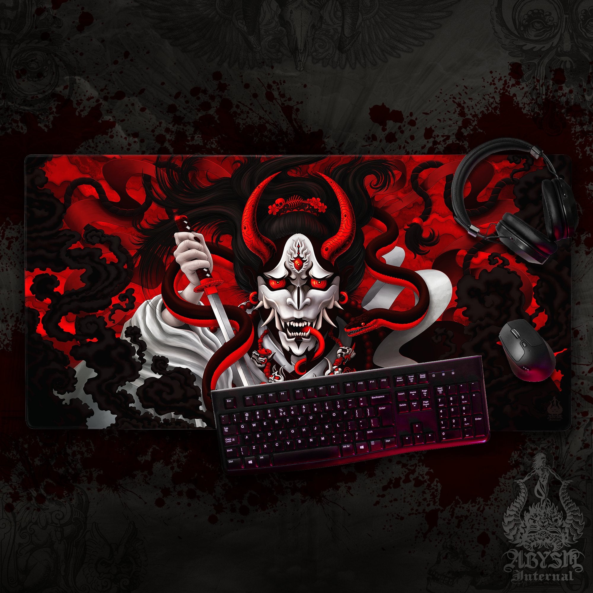 Japanese Demon Gaming Desk Mat, Hannya Mouse Pad, Youkai Table Protector Cover, Bloody White Goth Workpad, Fantasy Anime and Manga Art Print – Snake Japanese Demon Gaming Desk Mat, Hannya Mouse Pad, Youkai Table Protector Cover, Bloody White Goth Workpad, Fantasy Anime and Manga Art Print – Snake