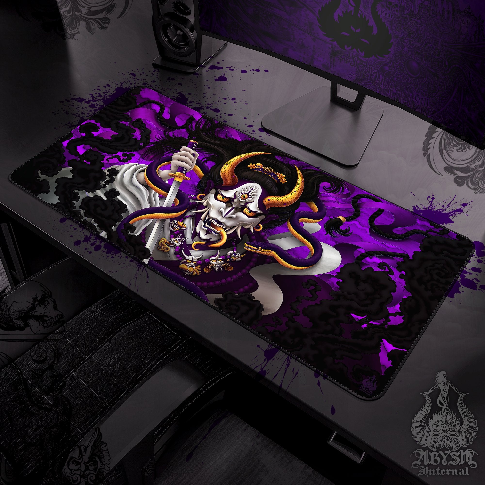 Japanese Demon Gaming Desk Mat, Hannya Mouse Pad, Youkai Table Protector Cover, White Goth Purple Workpad, Fantasy Anime and Manga Art Print – Snake