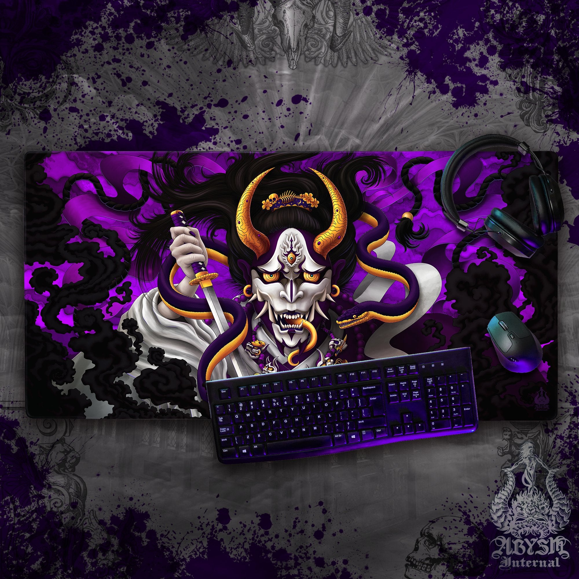 Japanese Demon Gaming Desk Mat, Hannya Mouse Pad, Youkai Table Protector Cover, White Goth Purple Workpad, Fantasy Anime and Manga Art Print – Snake Japanese Demon Gaming Desk Mat, Hannya Mouse Pad, Youkai Table Protector Cover, White Goth Purple Workpad, Fantasy Anime and Manga Art Print – Snake