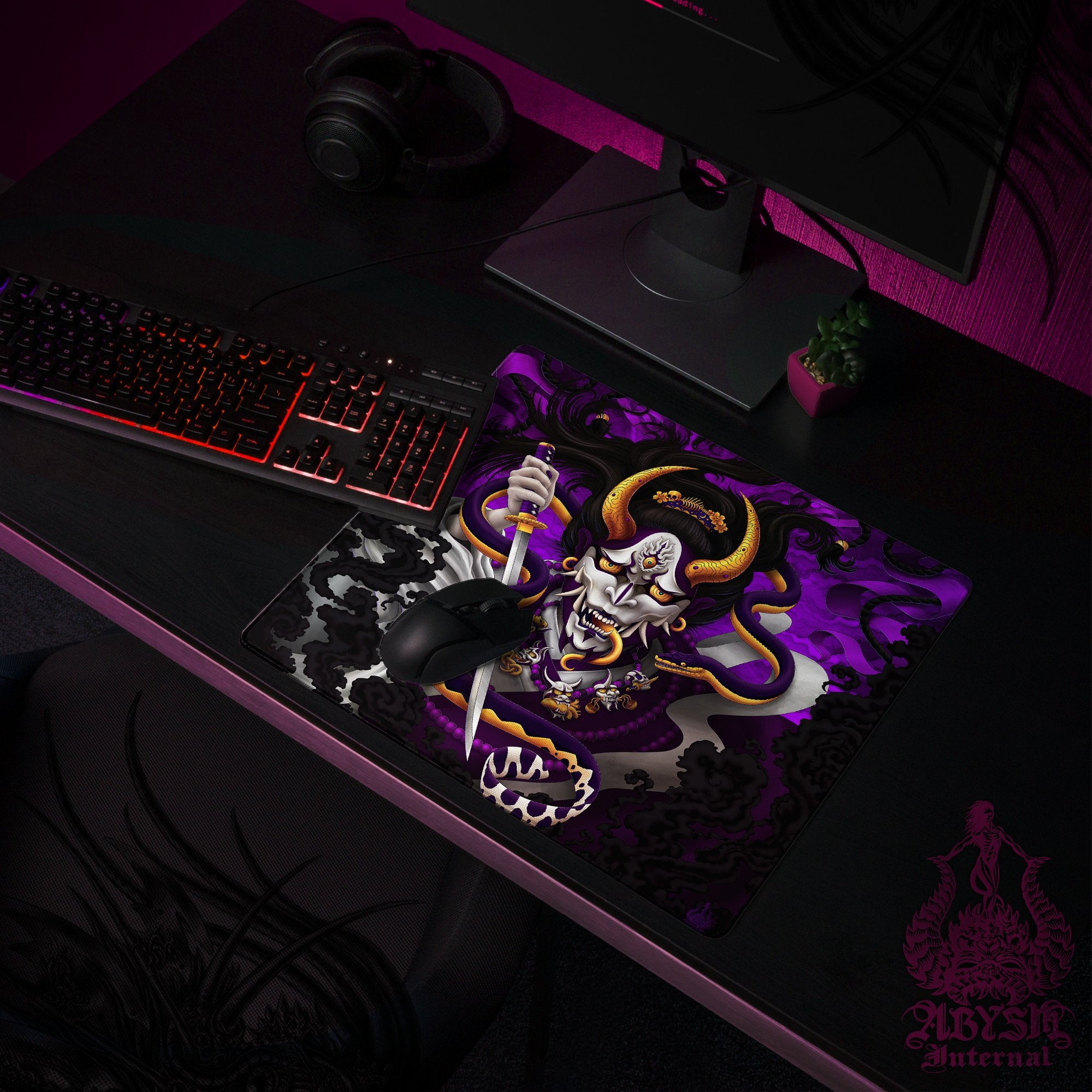 Japanese Demon Gaming Desk Mat, Hannya Mouse Pad, Youkai Table Protector Cover, White Goth Purple Workpad, Fantasy Anime and Manga Art Print – Snake Japanese Demon Gaming Desk Mat, Hannya Mouse Pad, Youkai Table Protector Cover, White Goth Purple Workpad, Fantasy Anime and Manga Art Print – Snake