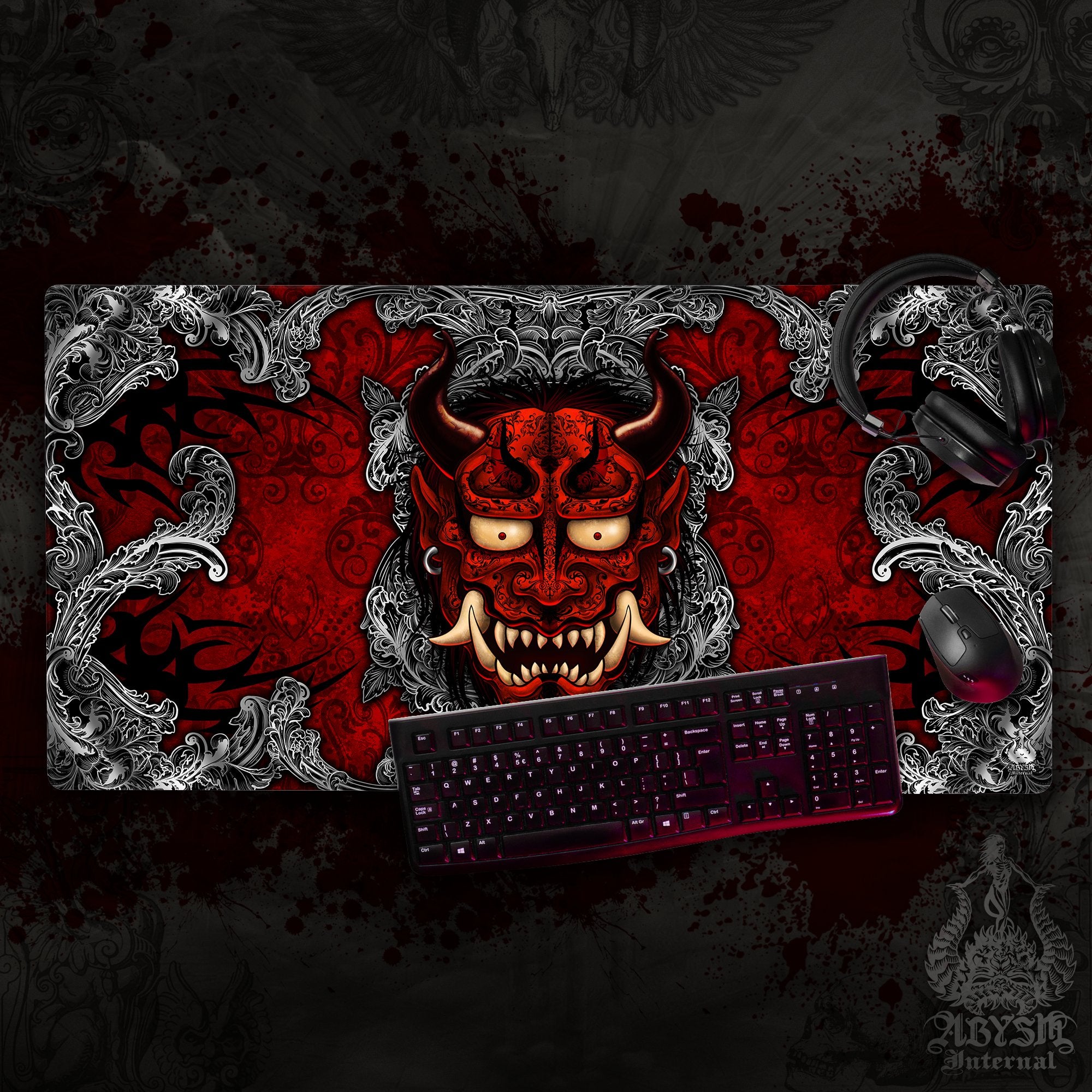 Japanese Demon Gaming Desk Mat, Oni Mouse Pad, Gamer Table Protector Cover, Bloody Gothic Workpad, Anime Yokai Art Print – Red, Black, 2 Colors