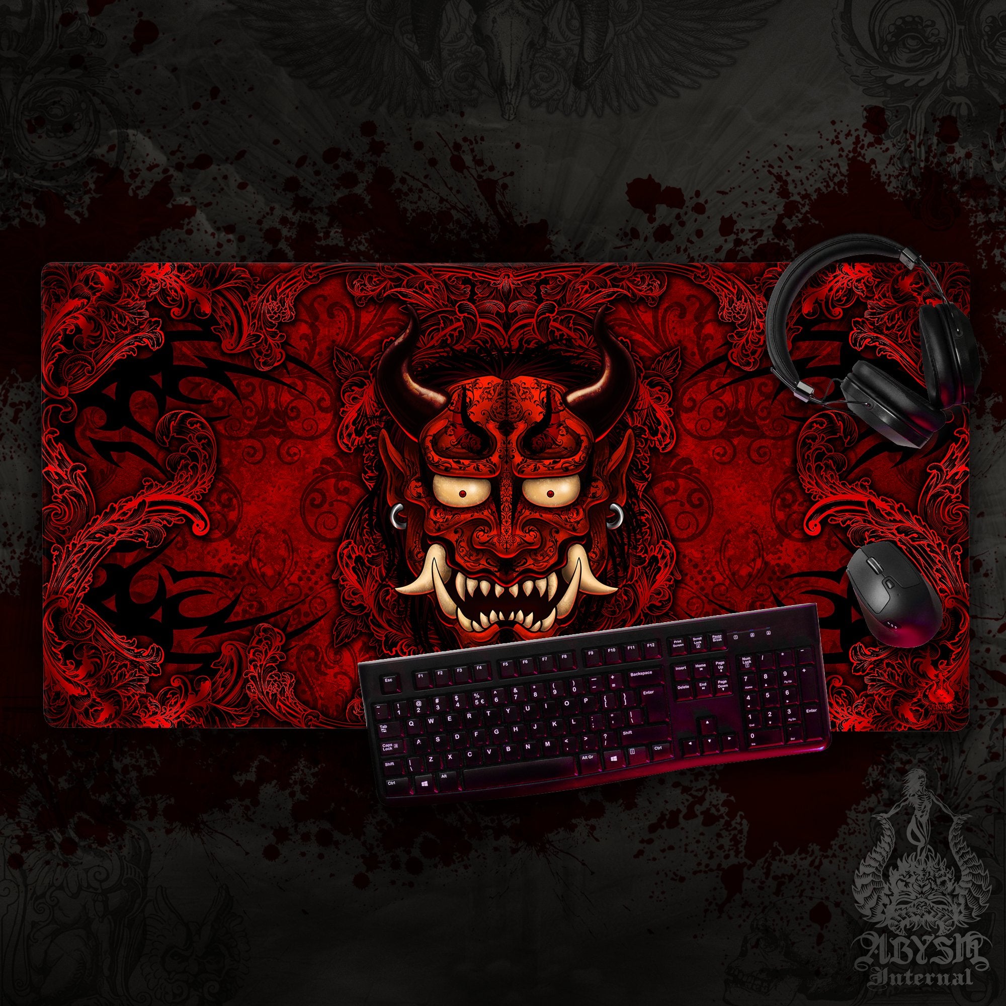 Japanese Demon Gaming Desk Mat, Oni Mouse Pad, Gamer Table Protector Cover, Bloody Gothic Workpad, Anime Yokai Art Print – Red, Black, 2 Colors Japanese Demon Gaming Desk Mat, Oni Mouse Pad, Gamer Table Protector Cover, Bloody Gothic Workpad, Anime Yokai Art Print – Red, Black, 2 Colors