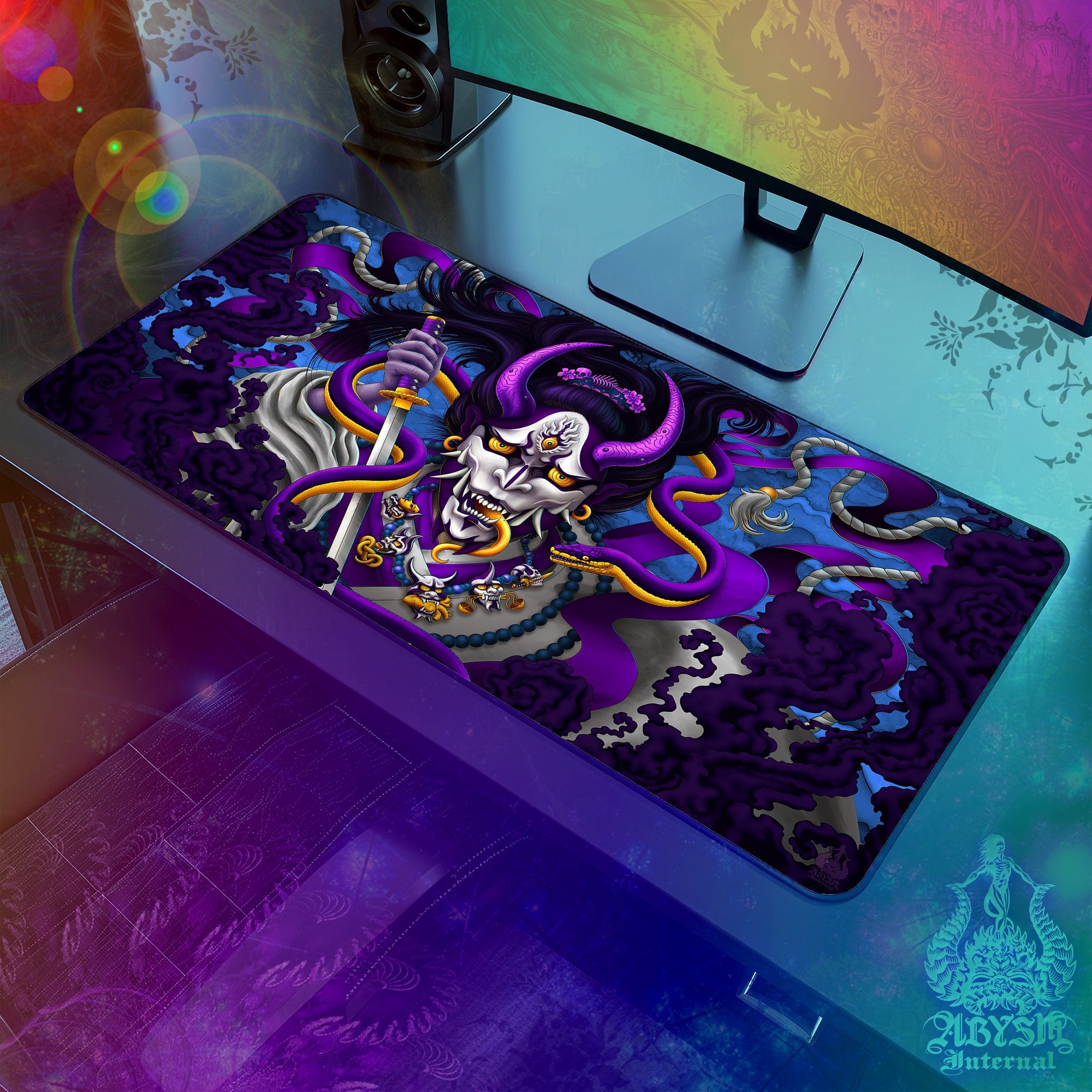 Japanese Demon Gaming Mouse Pad, Hannya Desk Mat, Youkai Table Protector Cover, Purple Blue Workpad, Fantasy Anime and Manga Art Print – Snake