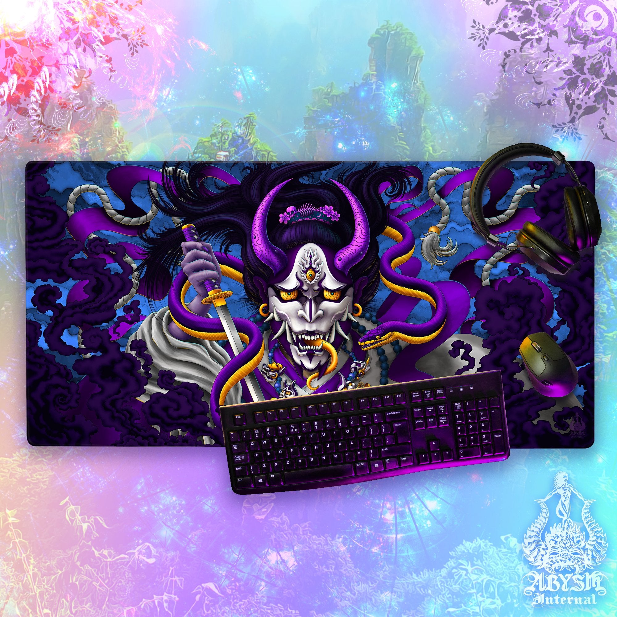 Japanese Demon Gaming Mouse Pad, Hannya Desk Mat, Youkai Table Protector Cover, Purple Blue Workpad, Fantasy Anime and Manga Art Print – Snake Japanese Demon Gaming Mouse Pad, Hannya Desk Mat, Youkai Table Protector Cover, Purple Blue Workpad, Fantasy Anime and Manga Art Print – Snake
