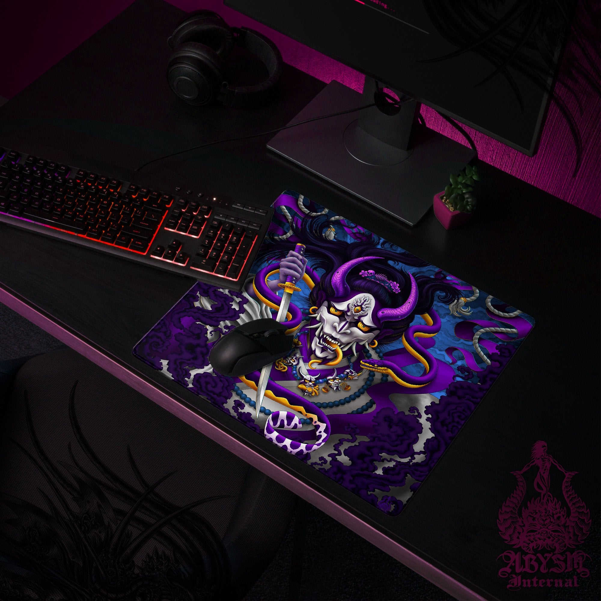Japanese Demon Gaming Mouse Pad, Hannya Desk Mat, Youkai Table Protector Cover, Purple Blue Workpad, Fantasy Anime and Manga Art Print – Snake Japanese Demon Gaming Mouse Pad, Hannya Desk Mat, Youkai Table Protector Cover, Purple Blue Workpad, Fantasy Anime and Manga Art Print – Snake