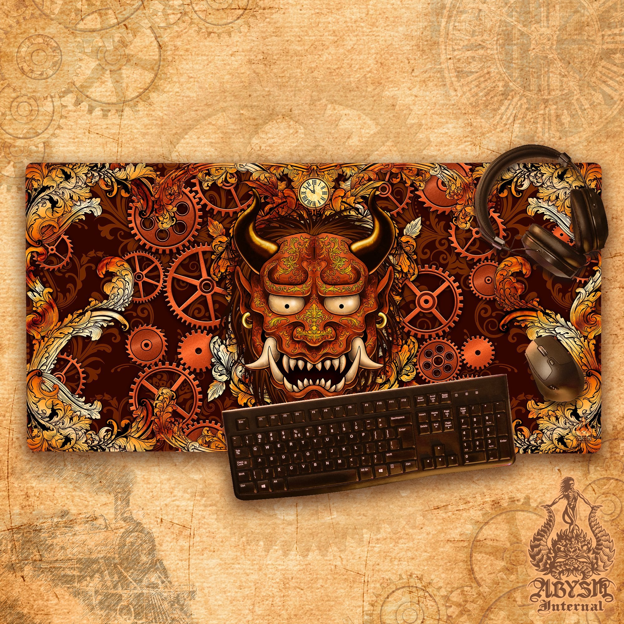 Japanese Demon Gaming Mouse Pad, Oni Desk Mat, Gamer Table Protector Cover, Steampunk Workpad, Anime Yokai Art Print Japanese Demon Gaming Mouse Pad, Oni Desk Mat, Gamer Table Protector Cover, Steampunk Workpad, Anime Yokai Art Print