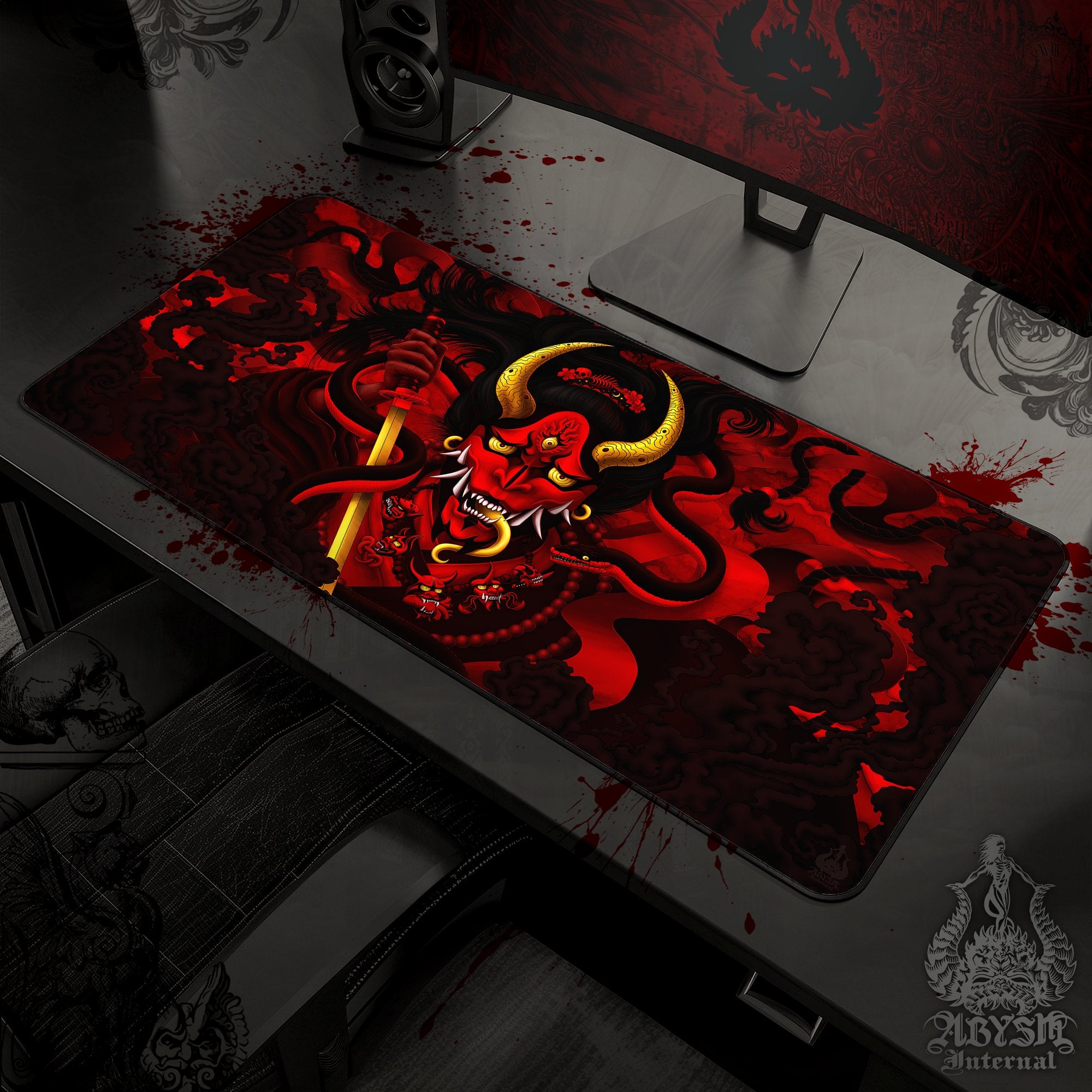 Japanese Demon Mouse Pad, Hannya Gaming Desk Mat, Youkai Workpad, Bloody Red Table Protector Cover, Fantasy Anime and Manga Art Print – Black Snake