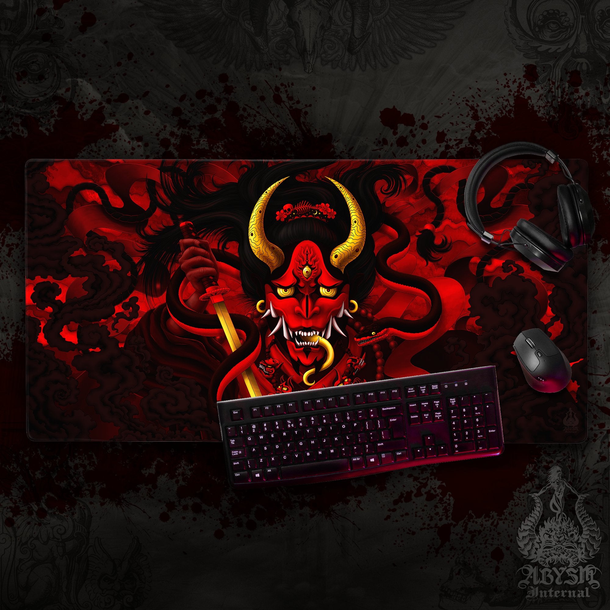 Japanese Demon Mouse Pad, Hannya Gaming Desk Mat, Youkai Workpad, Bloody Red Table Protector Cover, Fantasy Anime and Manga Art Print – Black Snake Japanese Demon Mouse Pad, Hannya Gaming Desk Mat, Youkai Workpad, Bloody Red Table Protector Cover, Fantasy Anime and Manga Art Print – Black Snake