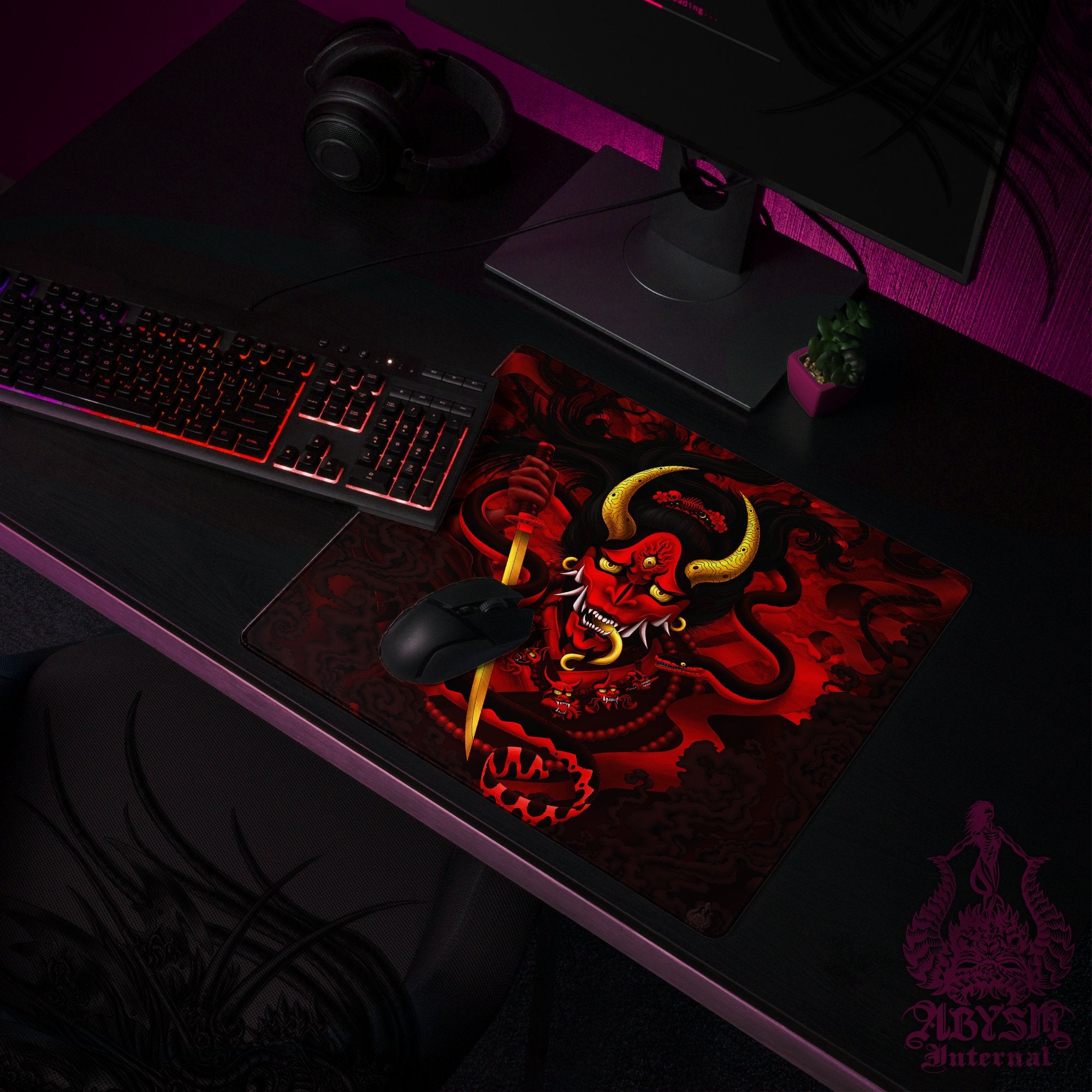 Japanese Demon Mouse Pad, Hannya Gaming Desk Mat, Youkai Workpad, Bloody Red Table Protector Cover, Fantasy Anime and Manga Art Print – Black Snake Japanese Demon Mouse Pad, Hannya Gaming Desk Mat, Youkai Workpad, Bloody Red Table Protector Cover, Fantasy Anime and Manga Art Print – Black Snake