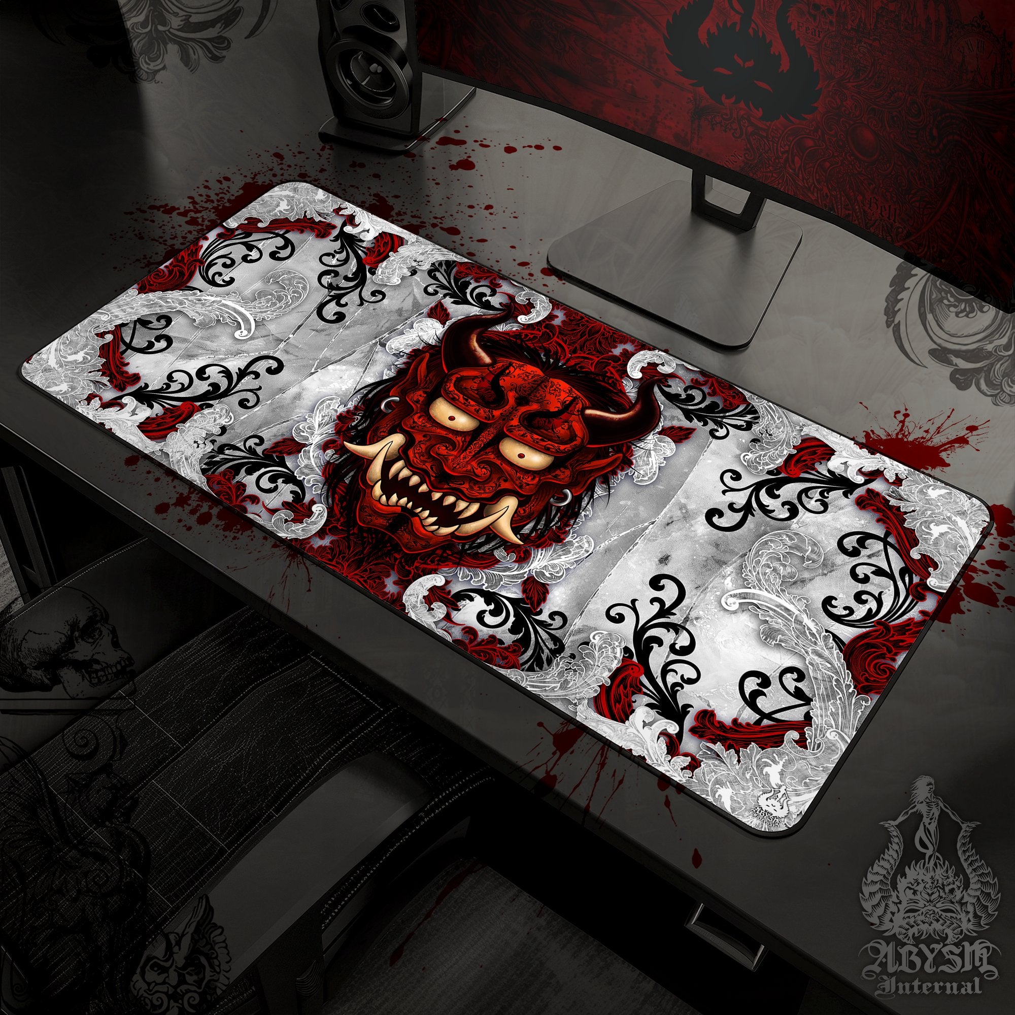 Japanese Demon Mouse Pad, Oni Gaming Desk Mat, Bloody White Goth Workpad, Manga Yokai Table Protector Cover, Art Print
