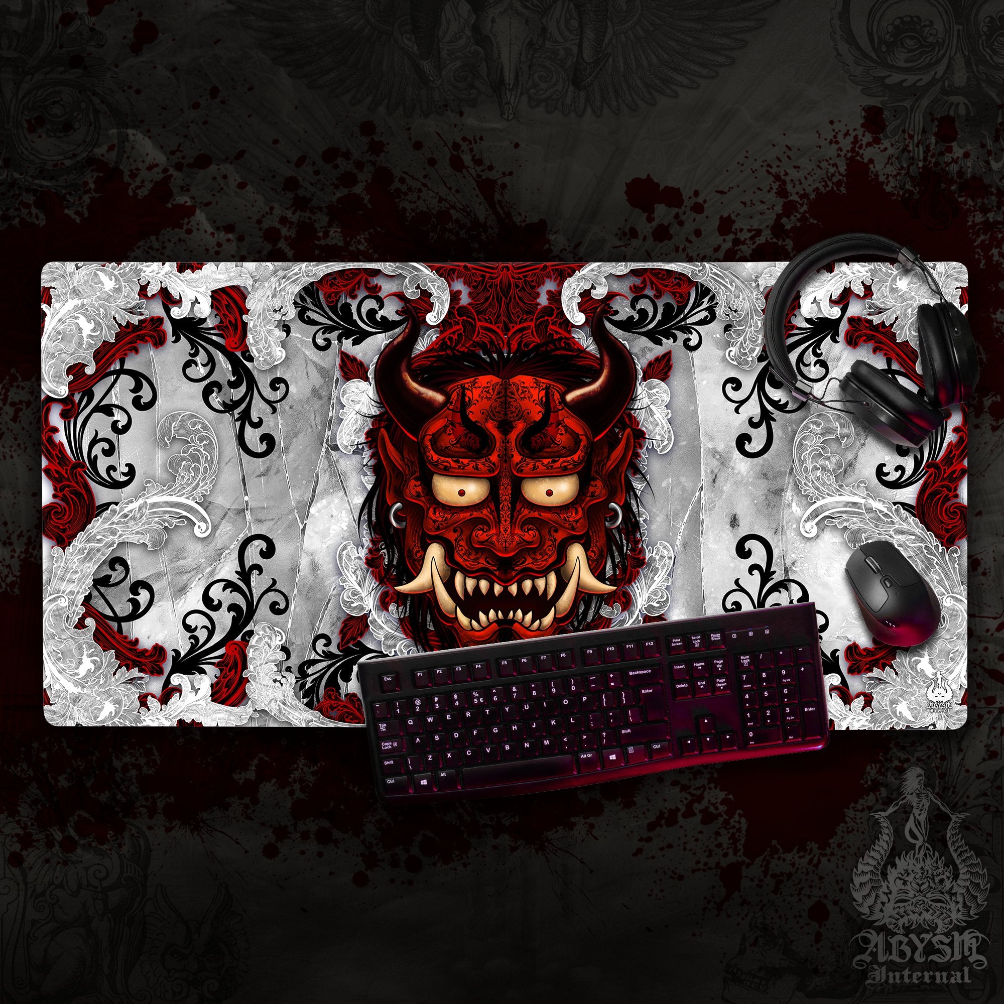Japanese Demon Mouse Pad, Oni Gaming Desk Mat, Bloody White Goth Workpad, Manga Yokai Table Protector Cover, Art Print Japanese Demon Mouse Pad, Oni Gaming Desk Mat, Bloody White Goth Workpad, Manga Yokai Table Protector Cover, Art Print