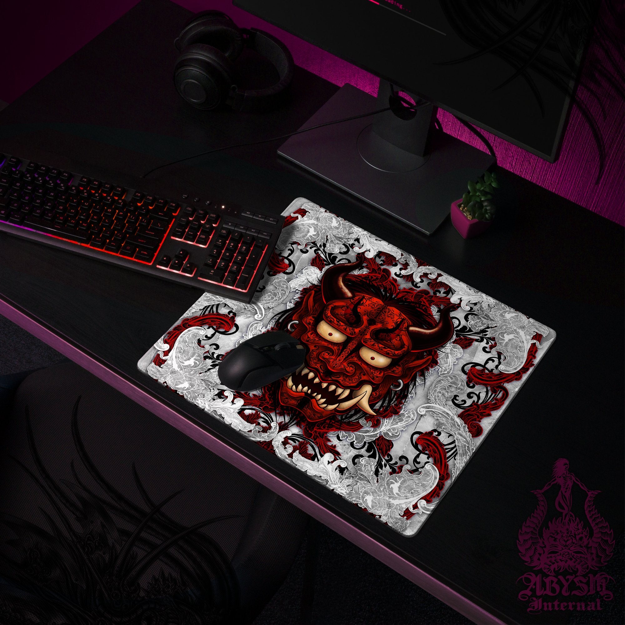 Japanese Demon Mouse Pad, Oni Gaming Desk Mat, Bloody White Goth Workpad, Manga Yokai Table Protector Cover, Art Print Japanese Demon Mouse Pad, Oni Gaming Desk Mat, Bloody White Goth Workpad, Manga Yokai Table Protector Cover, Art Print