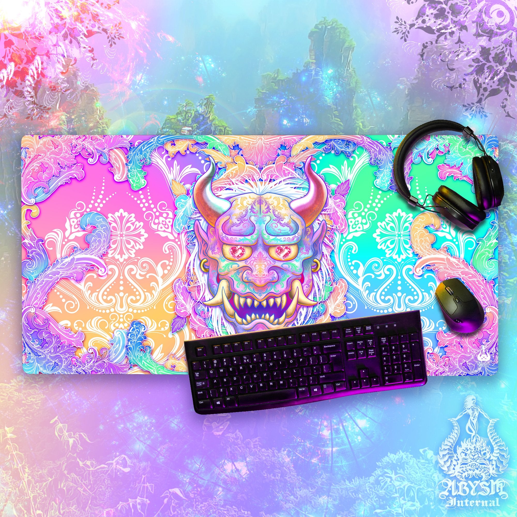 Japanese Demon Workpad, Pastel Oni Desk Mat, Psychedelic Gaming Mouse Pad, Gamer Table Protector Cover, Aesthetic Manga Yokai Art Print – Psy, 2 Colors