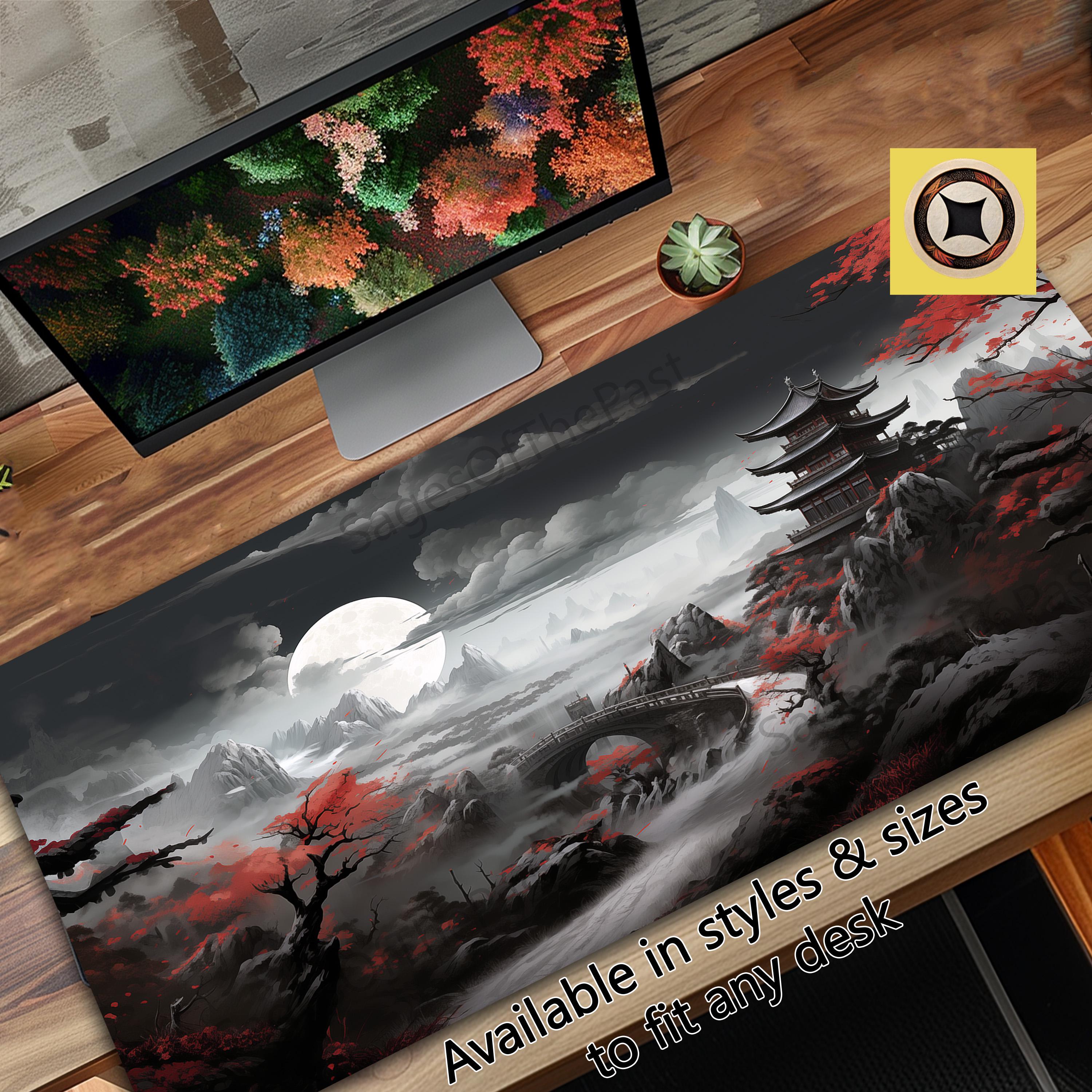 Japanese Dreamy Night Desk Mat  Peaceful Village Light Mouse Pad