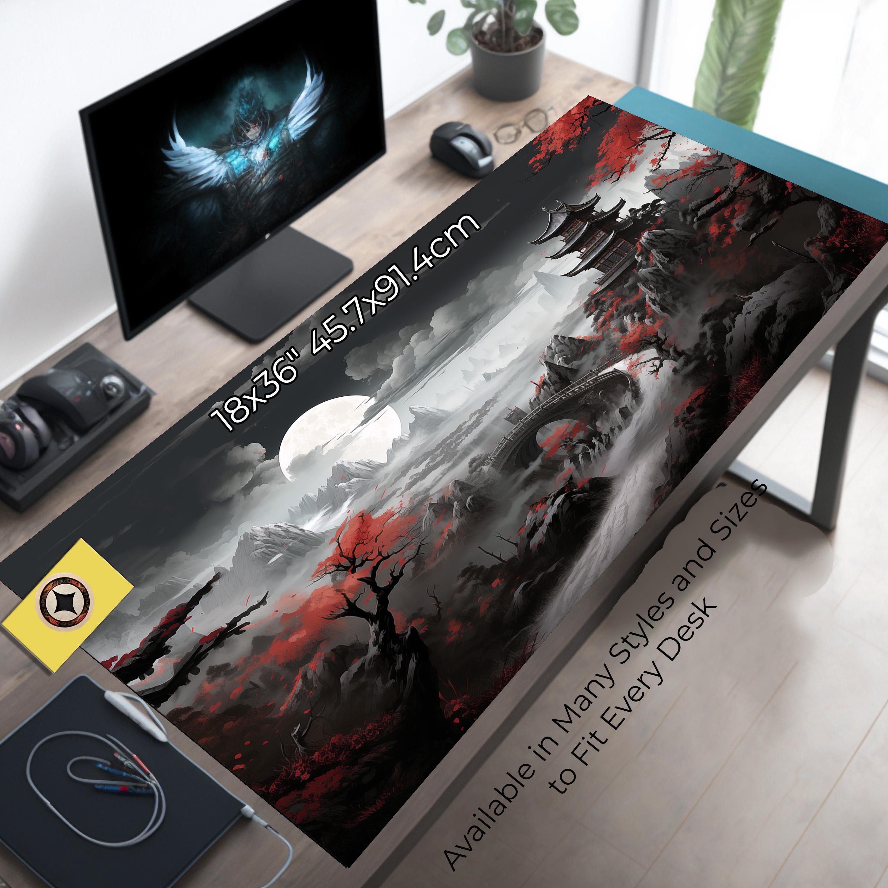 Japanese Desk Decor – Oversized Gaming Desk Mat Featuring Japanese Temple, Bridge, Full Moon and Sakura with Gray Skies and White Japanese Desk Decor – Oversized Gaming Desk Mat Featuring Japanese Temple, Bridge, Full Moon and Sakura with Gray Skies and White