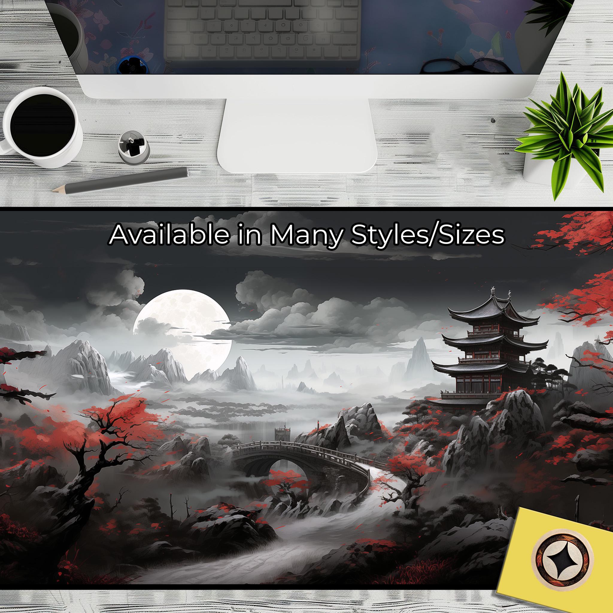 Japanese Desk Decor – Oversized Gaming Desk Mat Featuring Japanese Temple, Bridge, Full Moon and Sakura with Gray Skies and White Japanese Desk Decor – Oversized Gaming Desk Mat Featuring Japanese Temple, Bridge, Full Moon and Sakura with Gray Skies and White