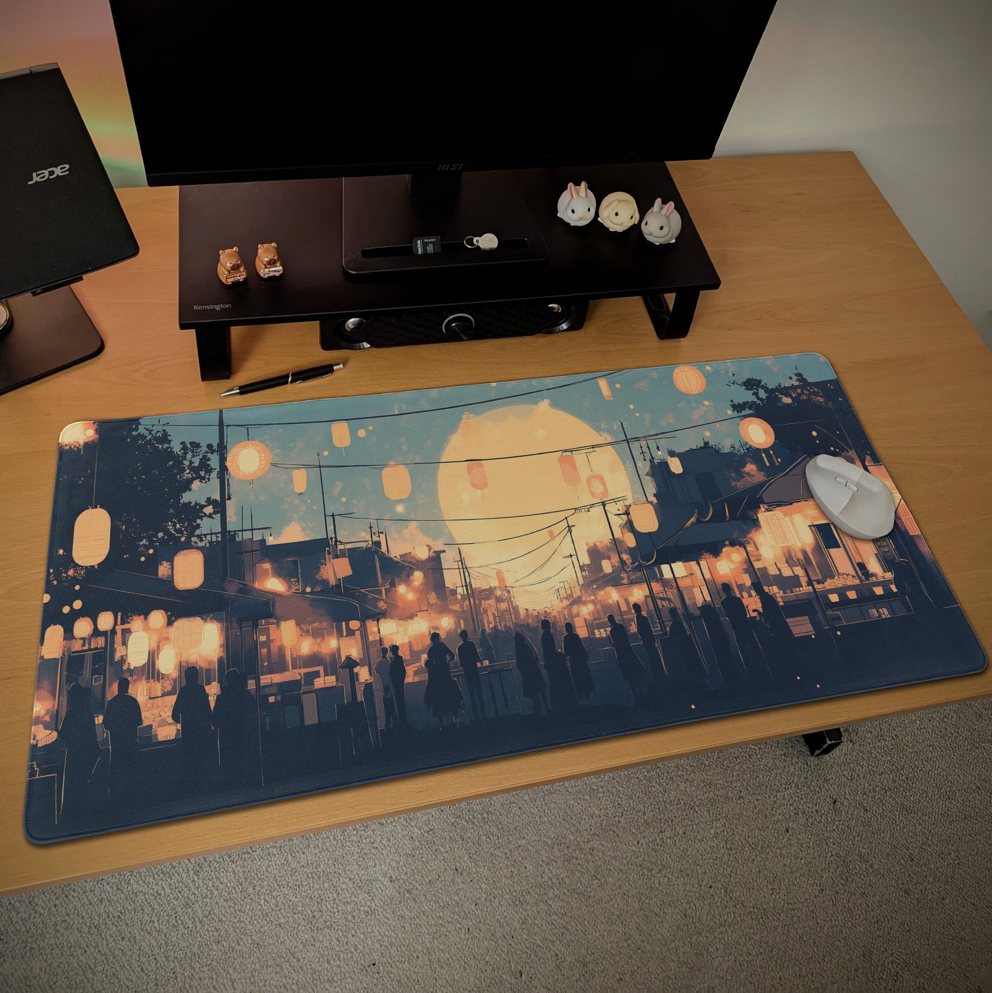 Japanese Festival Desk Mat  Full Moon & Lanterns  Cozy Blue and Gold Mouse Pad