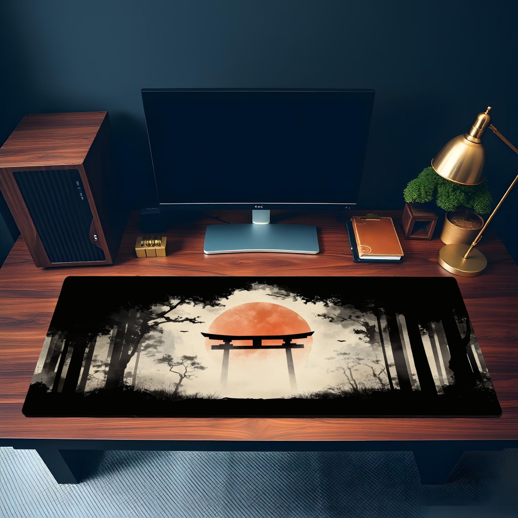 Japanese Forest Painting Desk Mat  Red Sun, Torii Gate Mouse Pad