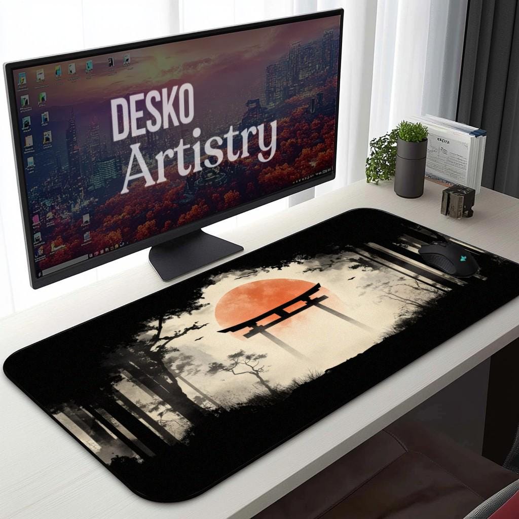 Japanese Forest Painting Desk Mat Red Sun, Torii Gate Mouse Pad Japanese Forest Painting Desk Mat Red Sun, Torii Gate Mouse Pad