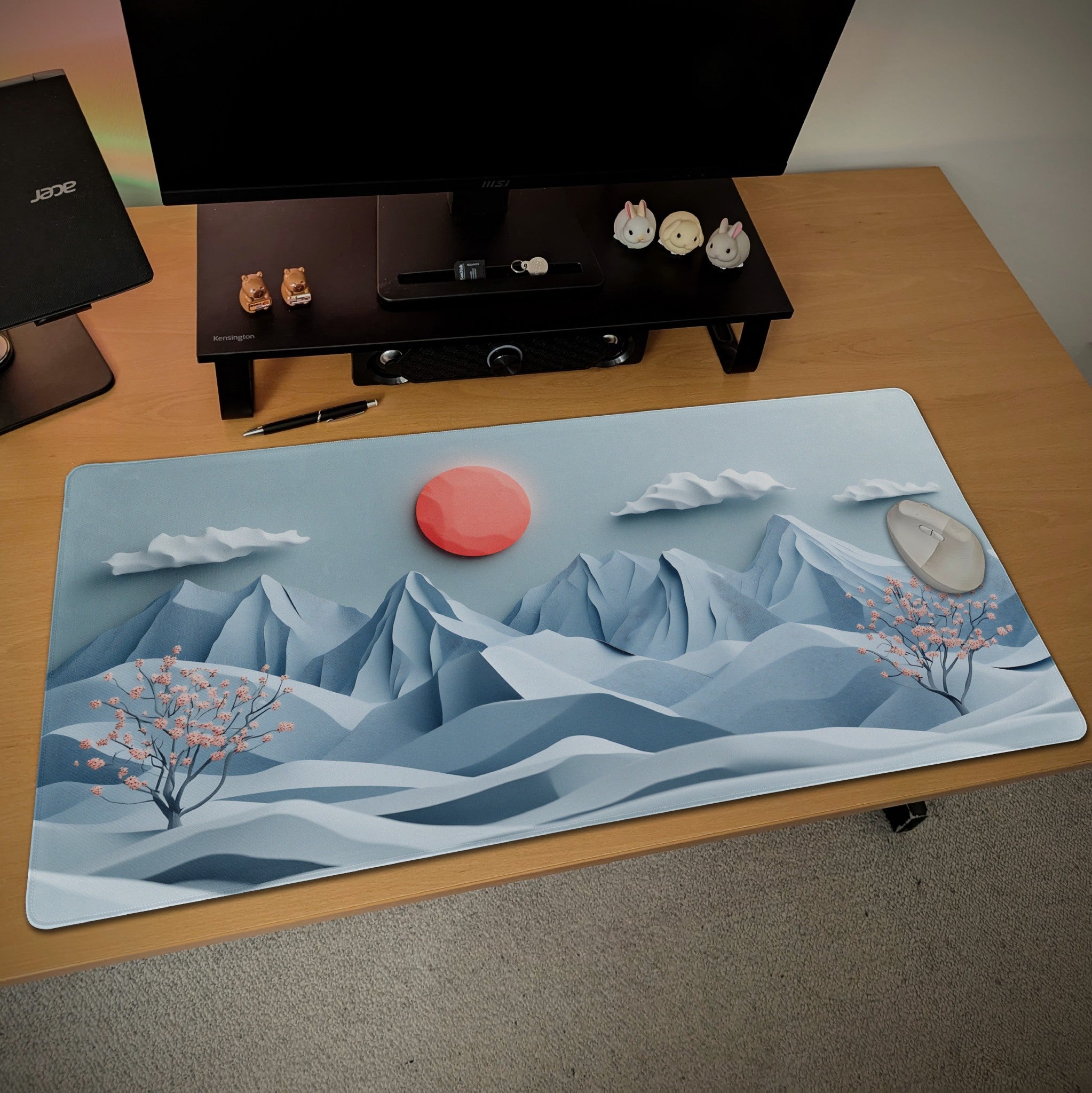 Japanese Nature Landscape Desk Mat  Aesthetic Cherry Blossom  Serene Blue Mountain Mouse Pad