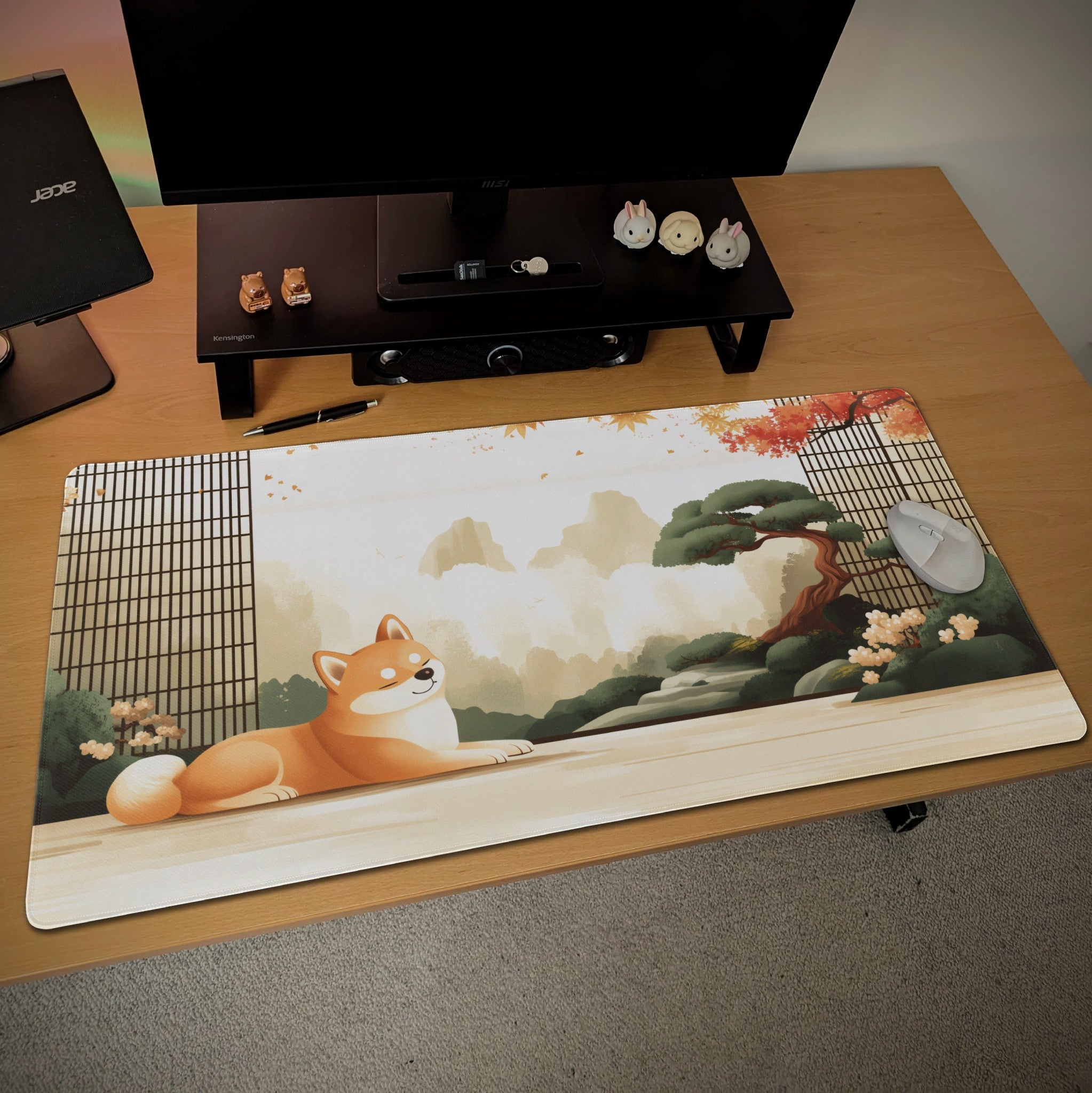 Japanese Shiba Inu Desk Mat  Large Mouse Pad for Dog Lovers  Aesthetic Gaming Mousepad, Bonsai Zen, Cherry Blossoms