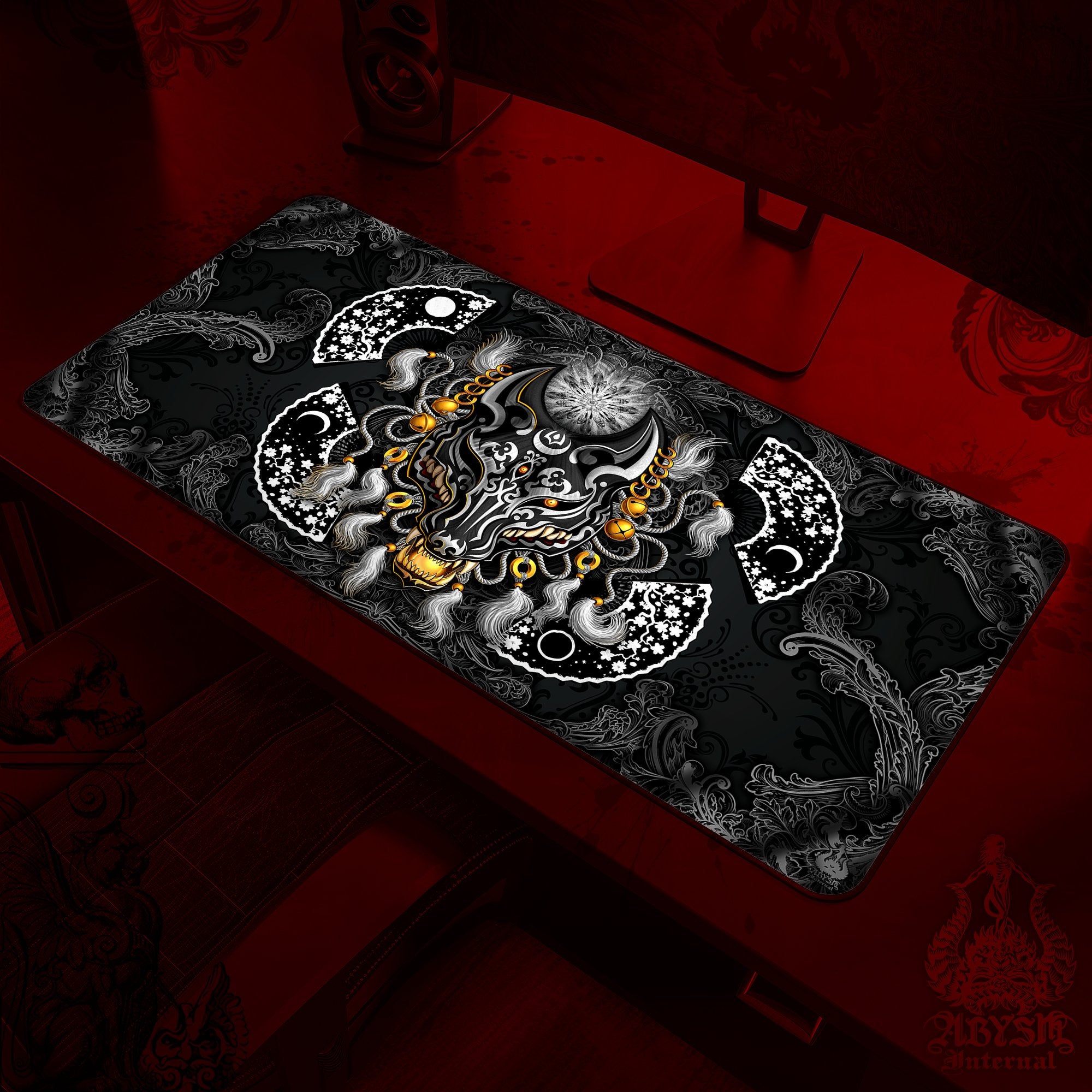 Kitsune Desk Mat, Fox Mask Gaming Mouse Pad, Manga Wolf Table Protector Cover, Anime Okami Workpad, Japanese Youkai Art Print – Black White