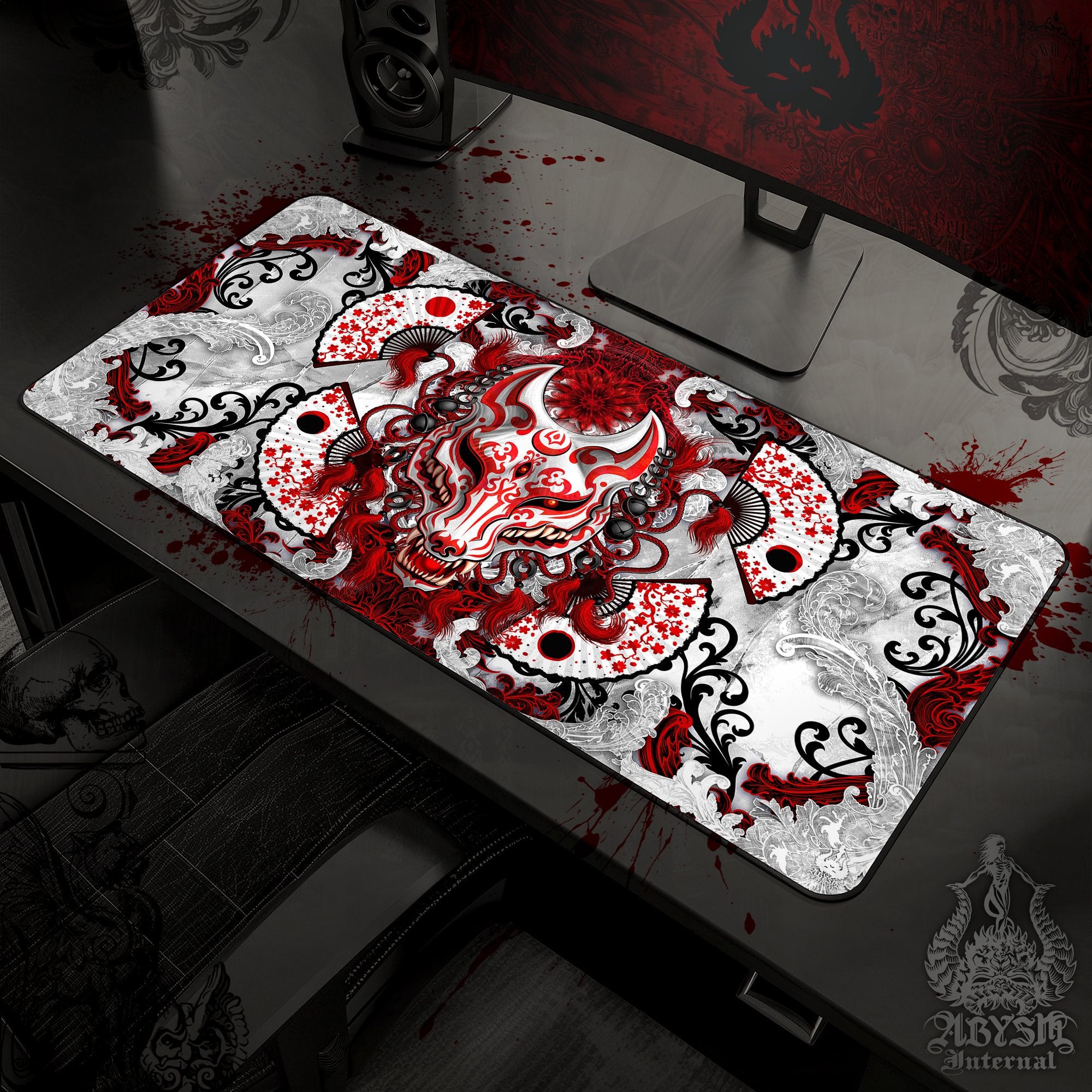 Kitsune Gaming Desk Mat, Fox Mask Mouse Pad, Manga Wolf Table Protector Cover, Japanese Anime Okami Workpad, Youkai Art Print – Bloody White Goth