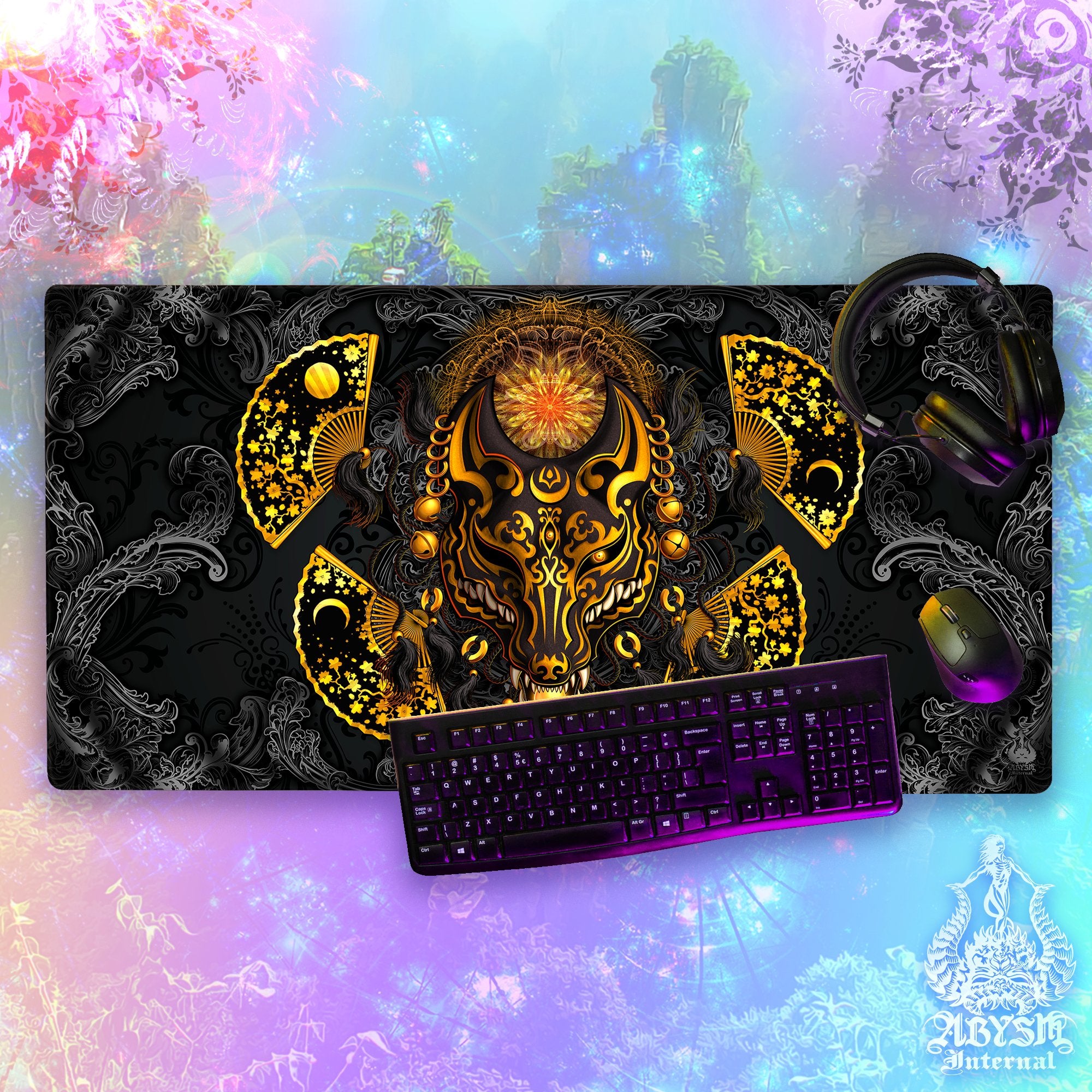 Kitsune Gaming Mouse Pad, Fox Mask Desk Mat, Japanese Manga Wolf Table Protector Cover, Anime Okami Workpad, Youkai Art Print – Gold Black Kitsune Gaming Mouse Pad, Fox Mask Desk Mat, Japanese Manga Wolf Table Protector Cover, Anime Okami Workpad, Youkai Art Print – Gold Black