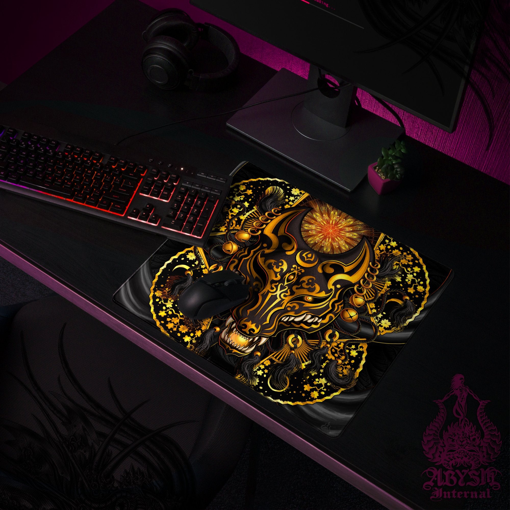 Kitsune Gaming Mouse Pad, Fox Mask Desk Mat, Japanese Manga Wolf Table Protector Cover, Anime Okami Workpad, Youkai Art Print – Gold Black Kitsune Gaming Mouse Pad, Fox Mask Desk Mat, Japanese Manga Wolf Table Protector Cover, Anime Okami Workpad, Youkai Art Print – Gold Black