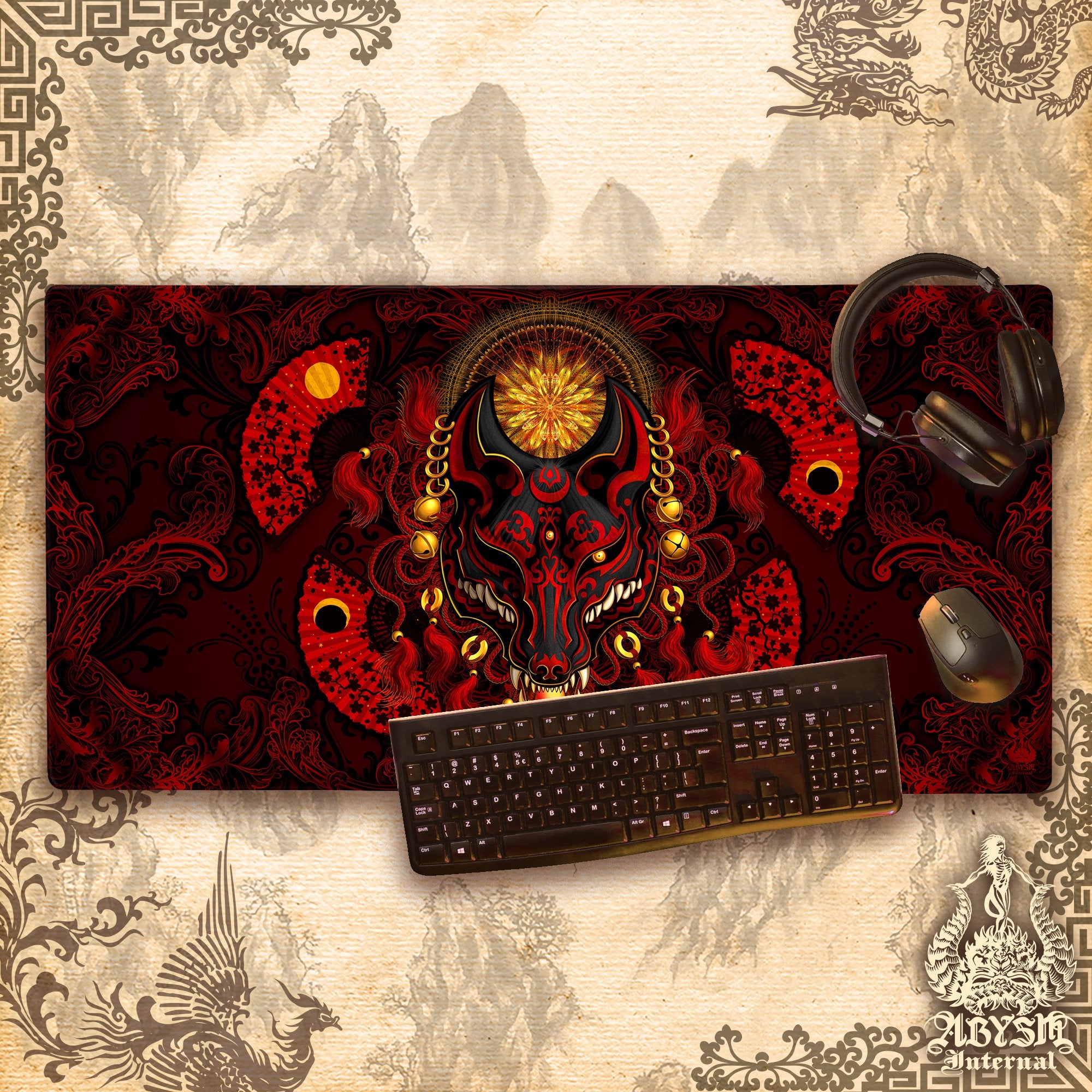 Kitsune Mask Desk Mat, Japanese Fox Gaming Mouse Pad, Manga Okami Table Protector Cover, Youkai Workpad, Anime Wolf Art Print – Original Red, 2 Colors