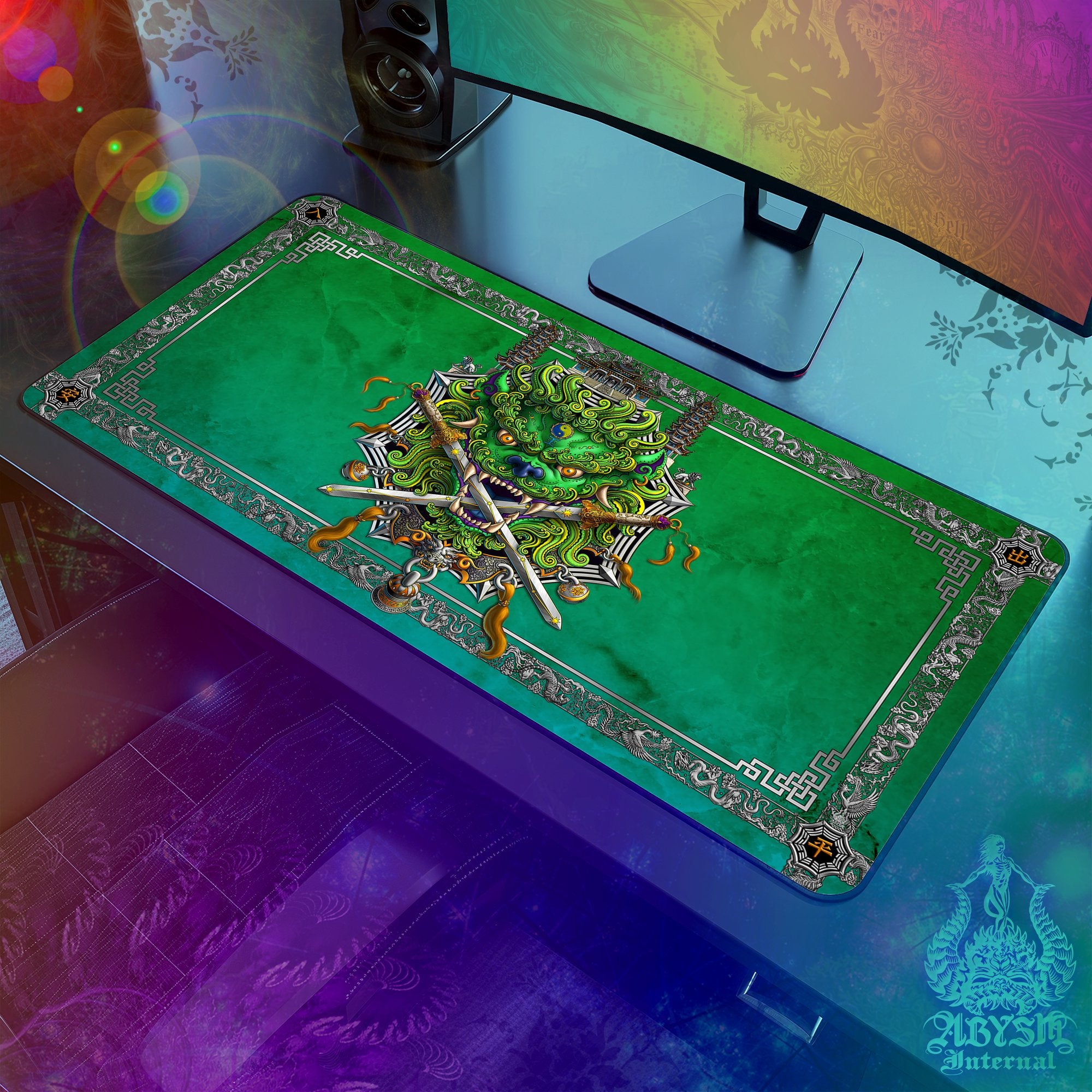 Lion Desk Mat, Asian Gaming Mouse Pad, Taiwan Table Protector Cover, Chinese Workpad, Fantasy Art Print – Green