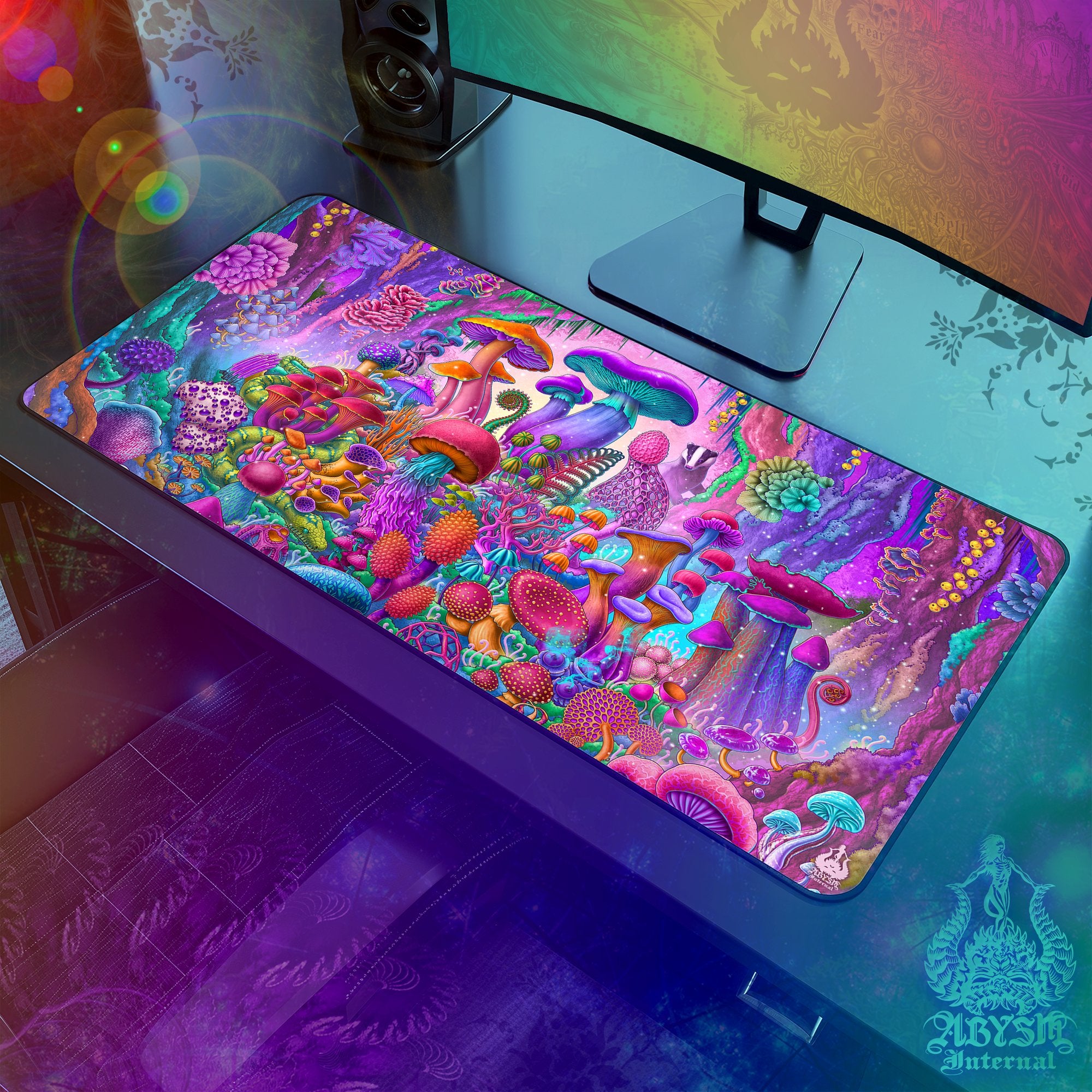 Magic Mushrooms Desk Mat, Psychedelic Shrooms Gaming Mouse Pad, Pastel Table Protector Cover, Colorful Workpad
