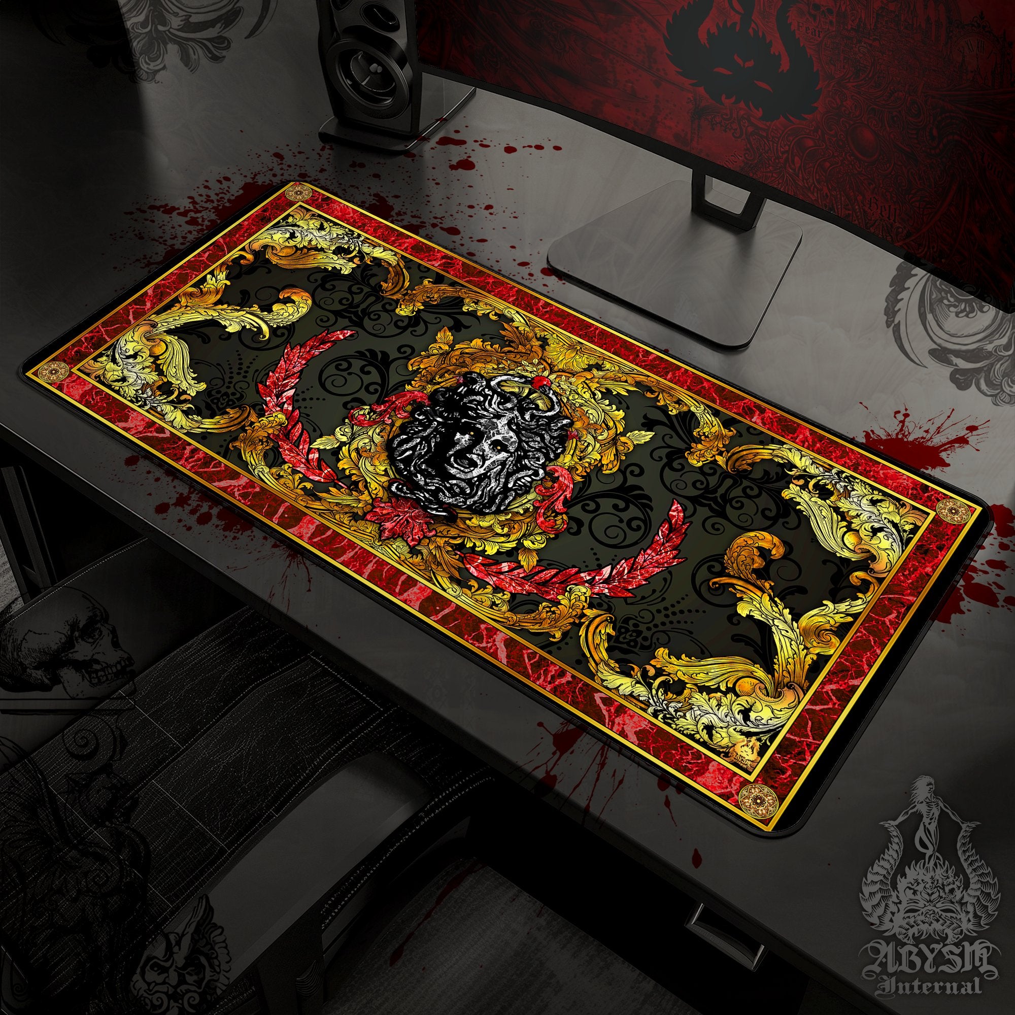 Medusa Mouse Pad, Ornamented Gaming Desk Mat, Baroque Workpad, Vintage Table Protector Cover, Art Print