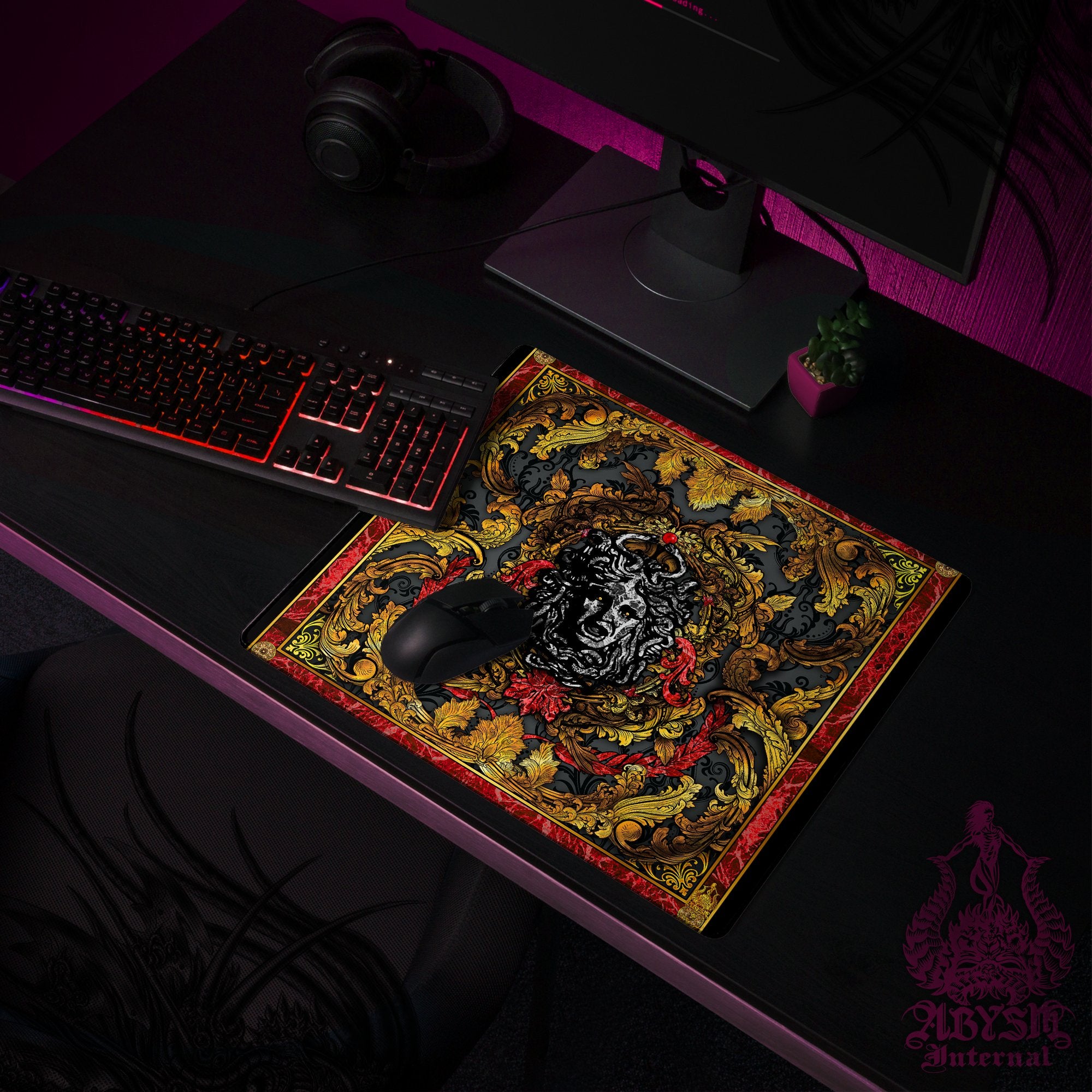 Medusa Mouse Pad, Ornamented Gaming Desk Mat, Baroque Workpad, Vintage Table Protector Cover, Art Print Medusa Mouse Pad, Ornamented Gaming Desk Mat, Baroque Workpad, Vintage Table Protector Cover, Art Print