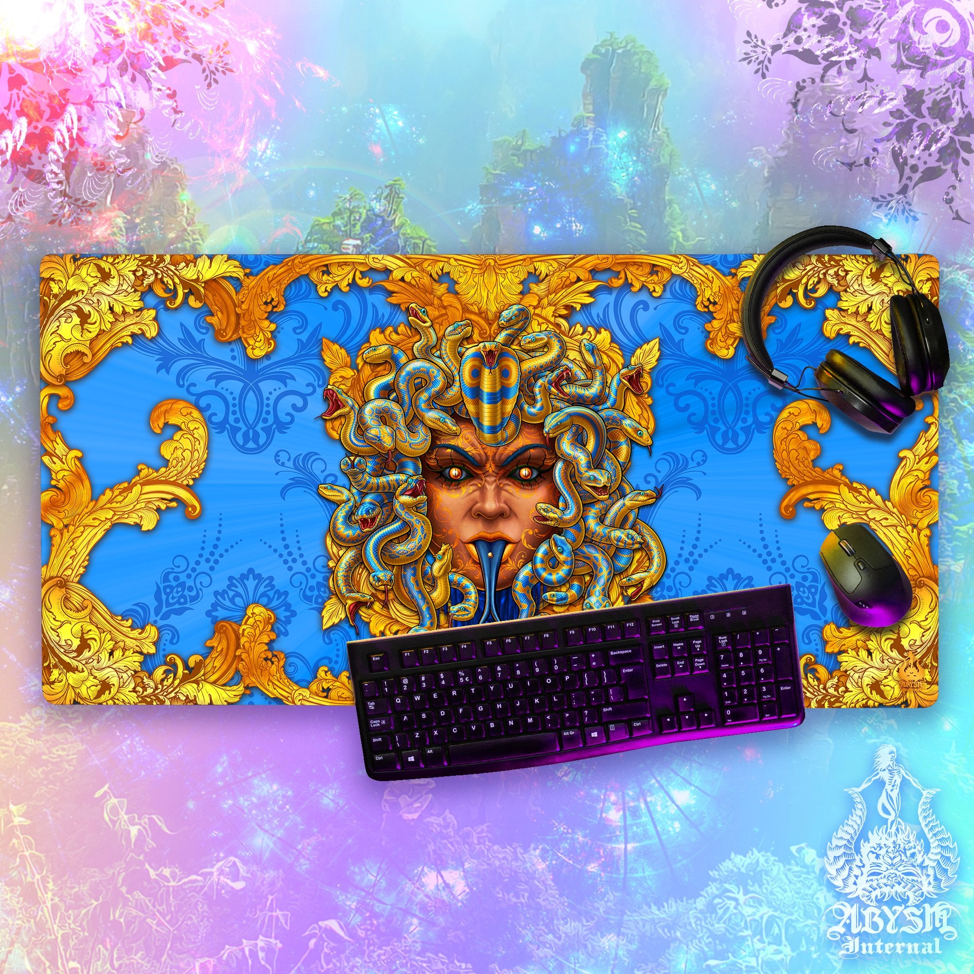 Medusa Workpad, Skull Desk Mat, Mythology Gaming Mouse Pad, Gamer Table Protector Cover, Dark Fantasy Art Print – Cyan Gold, 2 Options