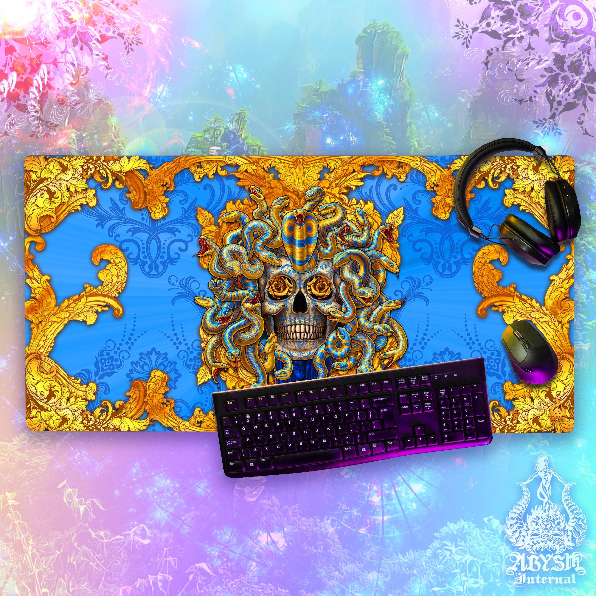 Medusa Workpad, Skull Desk Mat, Mythology Gaming Mouse Pad, Gamer Table Protector Cover, Dark Fantasy Art Print – Cyan Gold, 2 Options Medusa Workpad, Skull Desk Mat, Mythology Gaming Mouse Pad, Gamer Table Protector Cover, Dark Fantasy Art Print – Cyan Gold, 2 Options