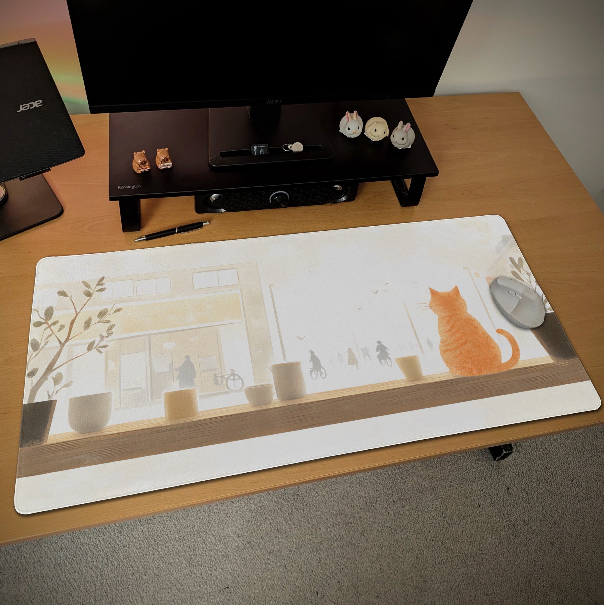 Minimalist Ginger Cat Desk Mat  Japanese Lofi Cafe Mouse Pad