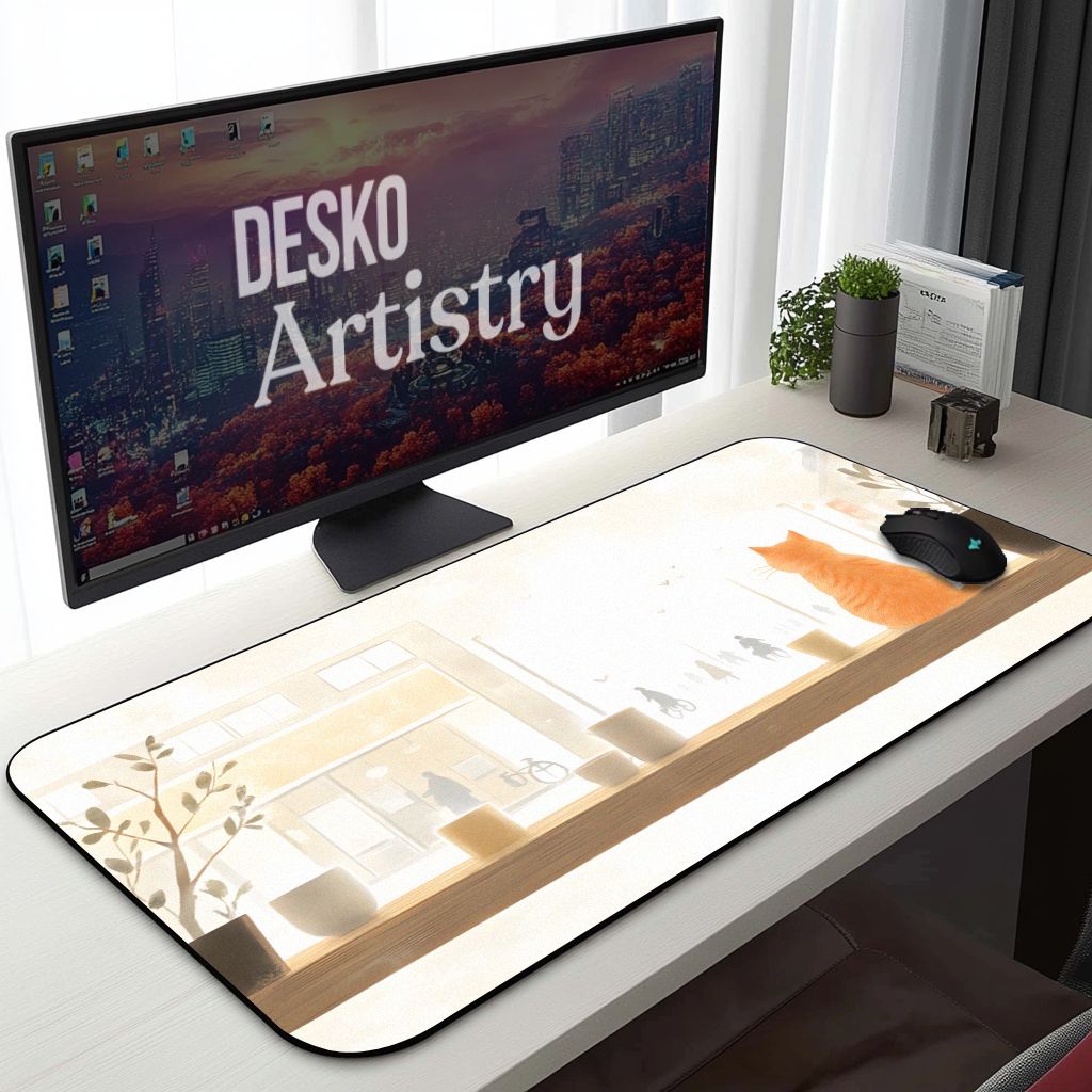 Minimalist Ginger Cat Desk Mat Japanese Lofi Cafe Mouse Pad Minimalist Ginger Cat Desk Mat Japanese Lofi Cafe Mouse Pad