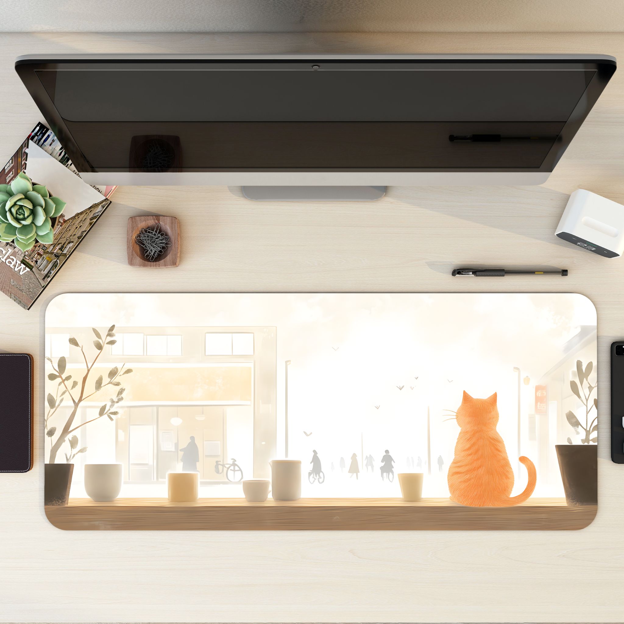Minimalist Ginger Cat Desk Mat Japanese Lofi Cafe Mouse Pad Minimalist Ginger Cat Desk Mat Japanese Lofi Cafe Mouse Pad