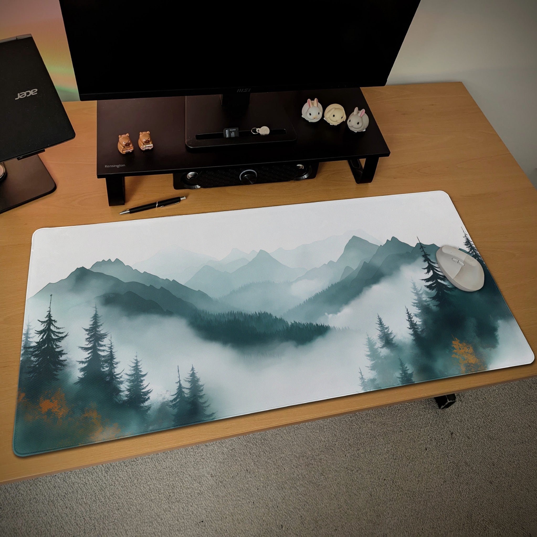 Misty Forest Desk Mat  Watercolor Style Green Teal Mountain  Nordic Scenic Nature Mouse Pad