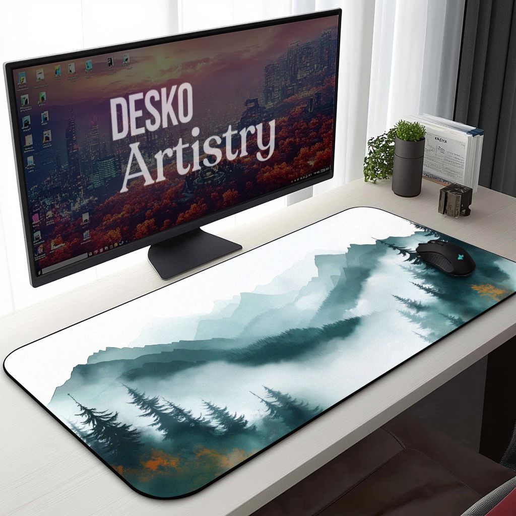 Misty Forest Desk Mat Watercolor Style Green Teal Mountain Nordic Scenic Nature Mouse Pad Misty Forest Desk Mat Watercolor Style Green Teal Mountain Nordic Scenic Nature Mouse Pad