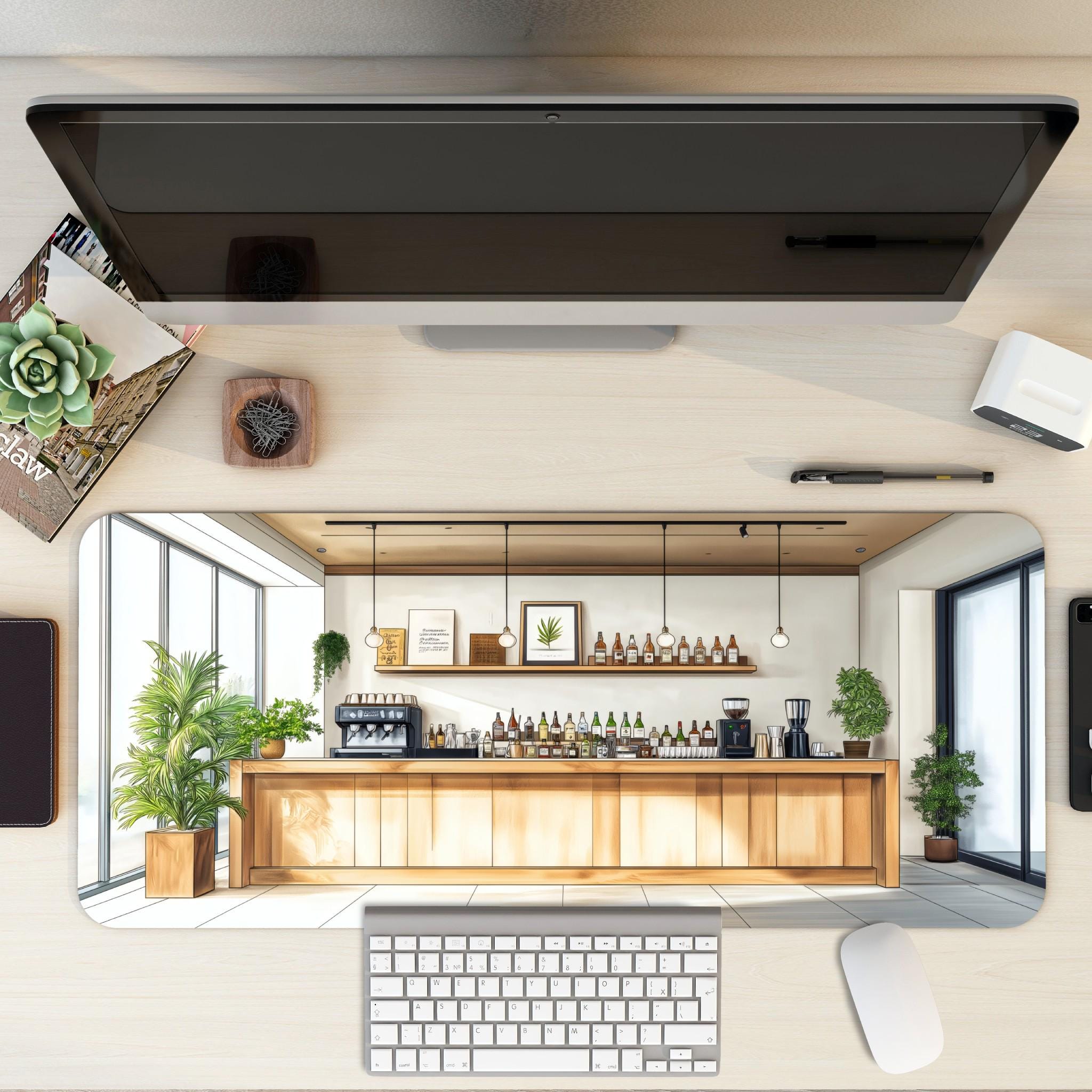 Modern Bar Cafe Desk Mat  Coffee Bar Illustration Mouse Pad