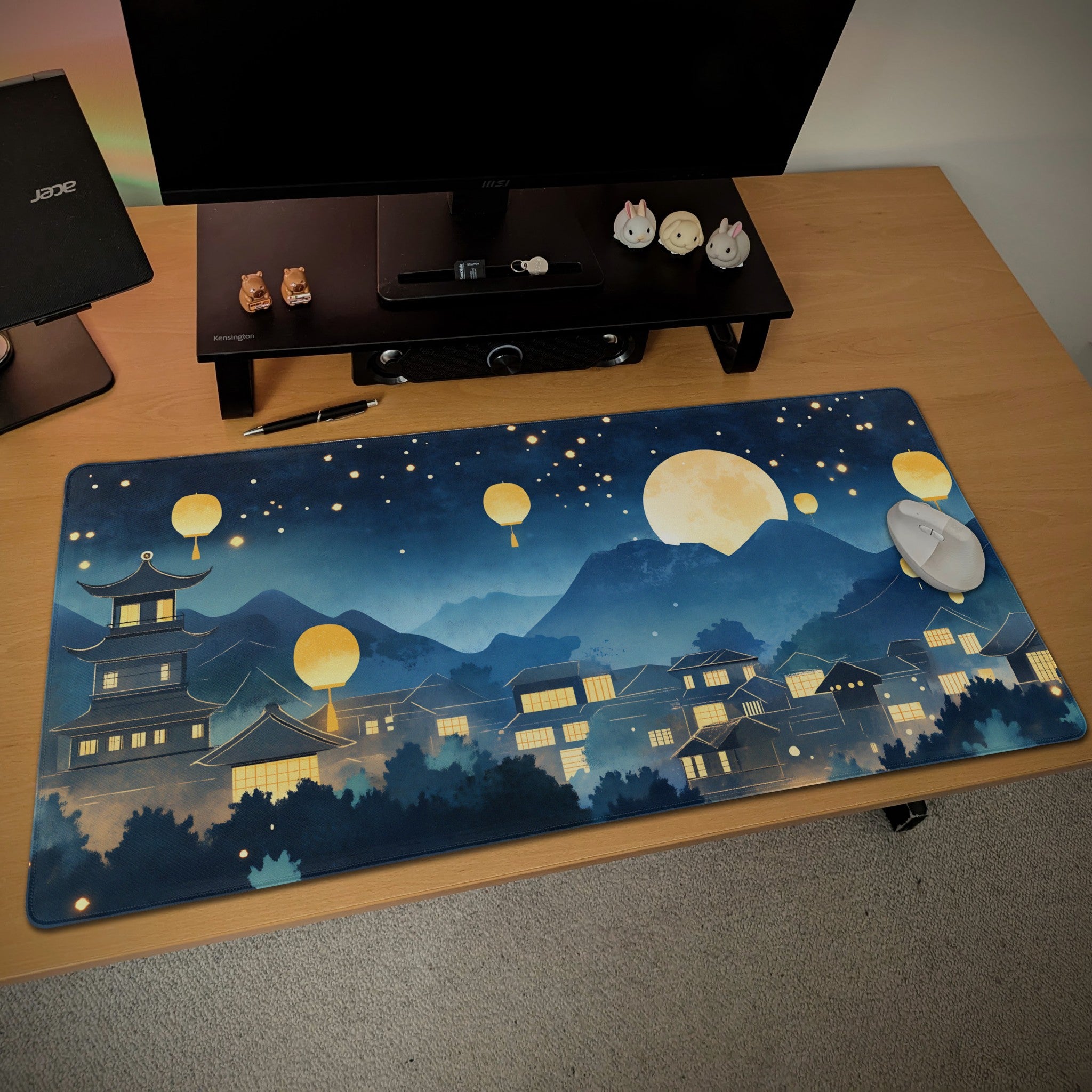 Moonlight Lantern Village Desk Mat  Dreamy Starry Night  Aesthetic Japanese Mousepad
