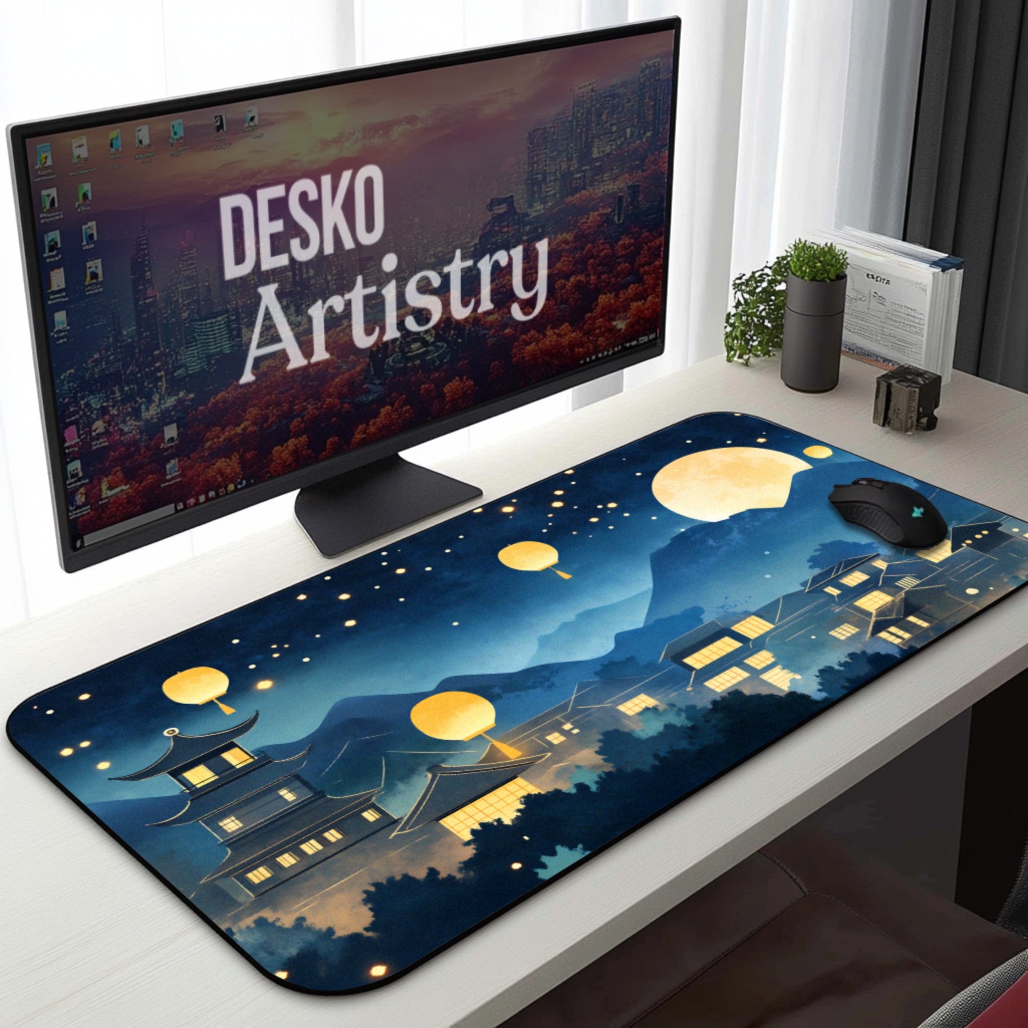 Moonlight Lantern Village Desk Mat Dreamy Starry Night Aesthetic Japanese Mousepad Moonlight Lantern Village Desk Mat Dreamy Starry Night Aesthetic Japanese Mousepad