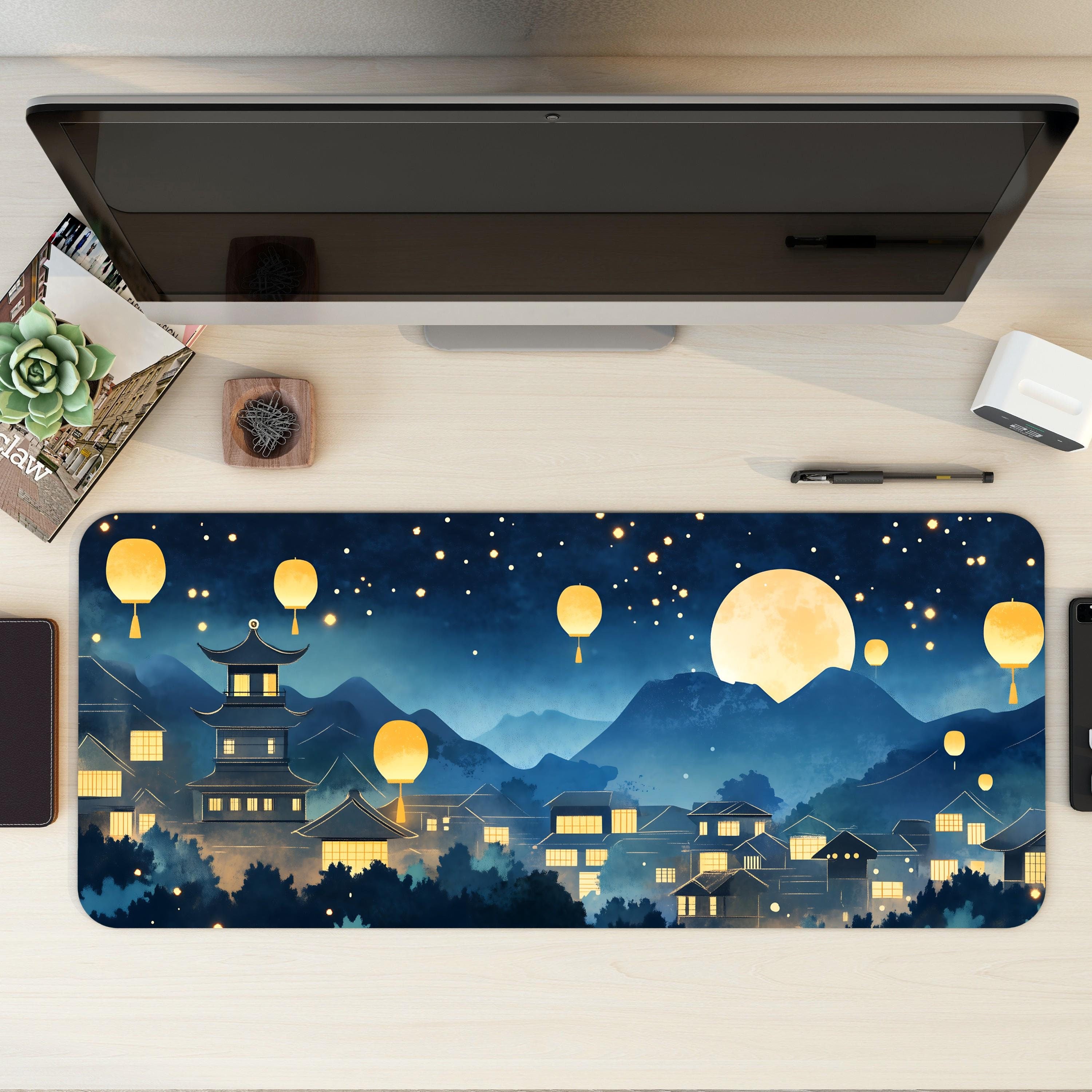 Moonlight Lantern Village Desk Mat Dreamy Starry Night Aesthetic Japanese Mousepad Moonlight Lantern Village Desk Mat Dreamy Starry Night Aesthetic Japanese Mousepad
