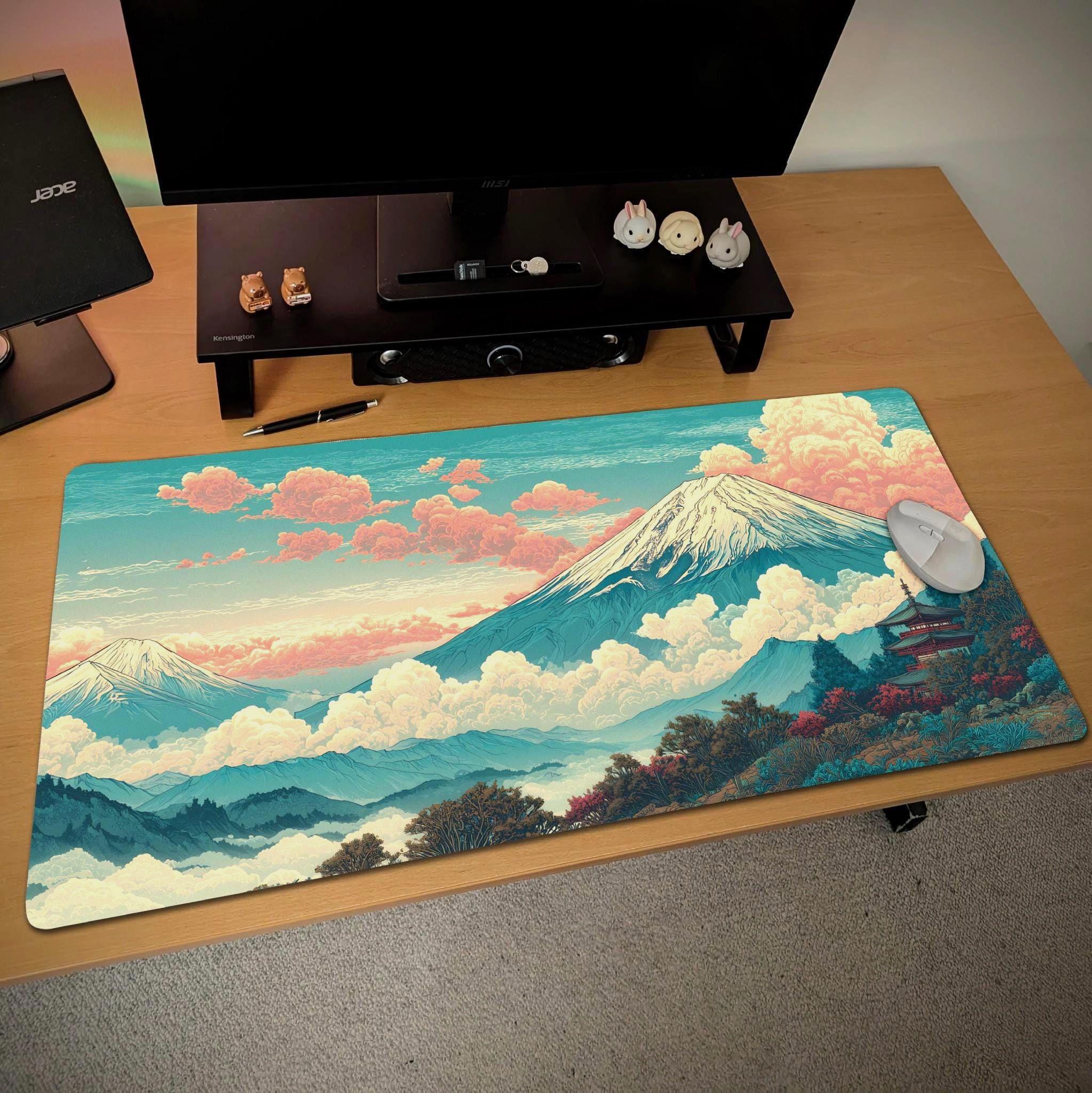 Mount Fuji Desk Mat  Japanese Landscape – Vintage Teal Coral Gaming Desk Pad
